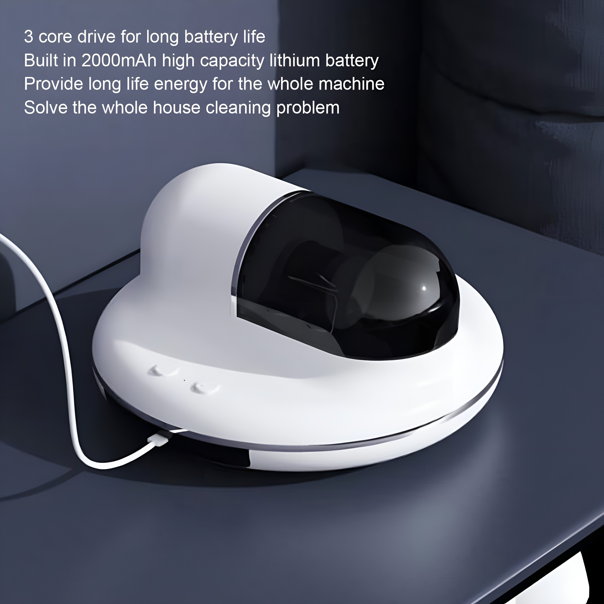 Weißes und schwarzes Gerät mit Ladekabel. Text: Kerntriebwerk für lange Akkulaufzeit, 2000mAh Akku.
