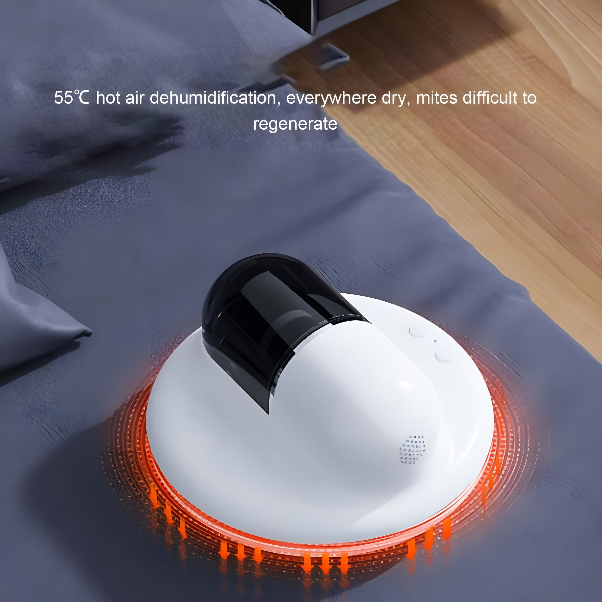 Weißer Luftentfeuchter auf einem Bett, mit Text über Heißluft und Milben.