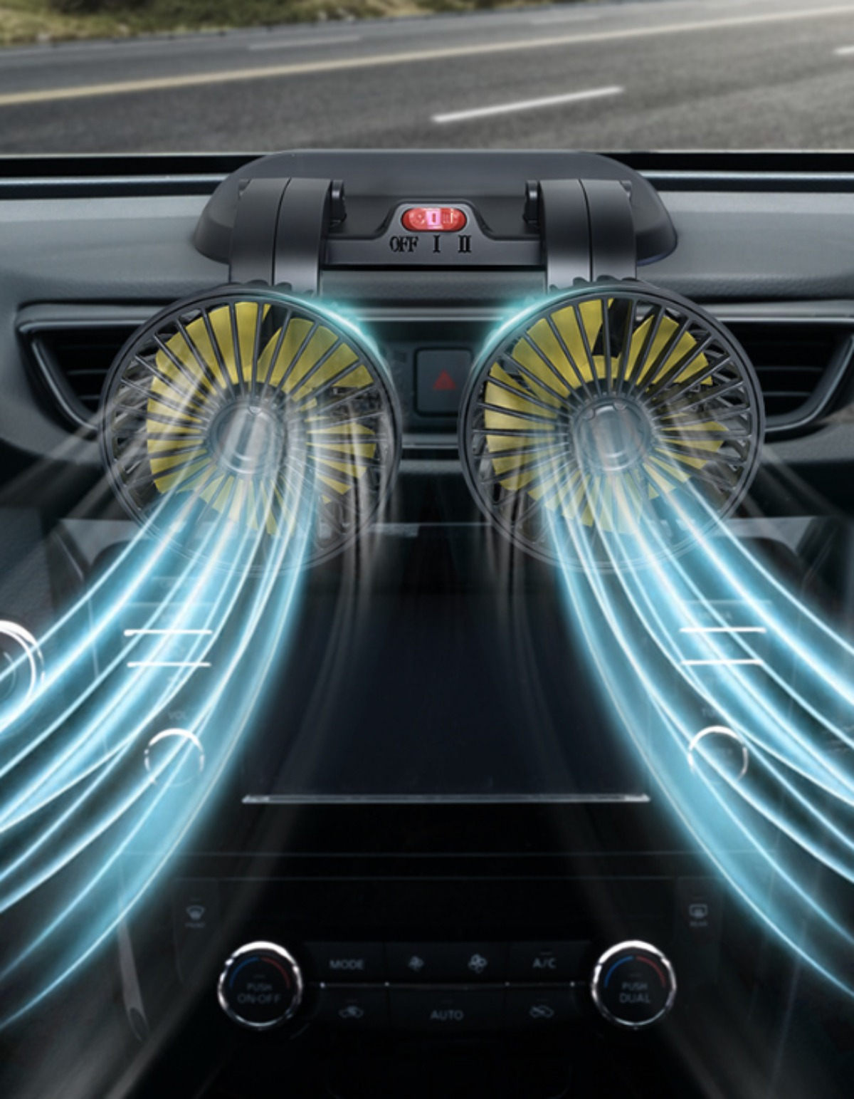 Armaturenbrett des Autos mit zwei gelben Ventilatoren, die Luft ausblasen. Blaue Luftströme sind sichtbar.