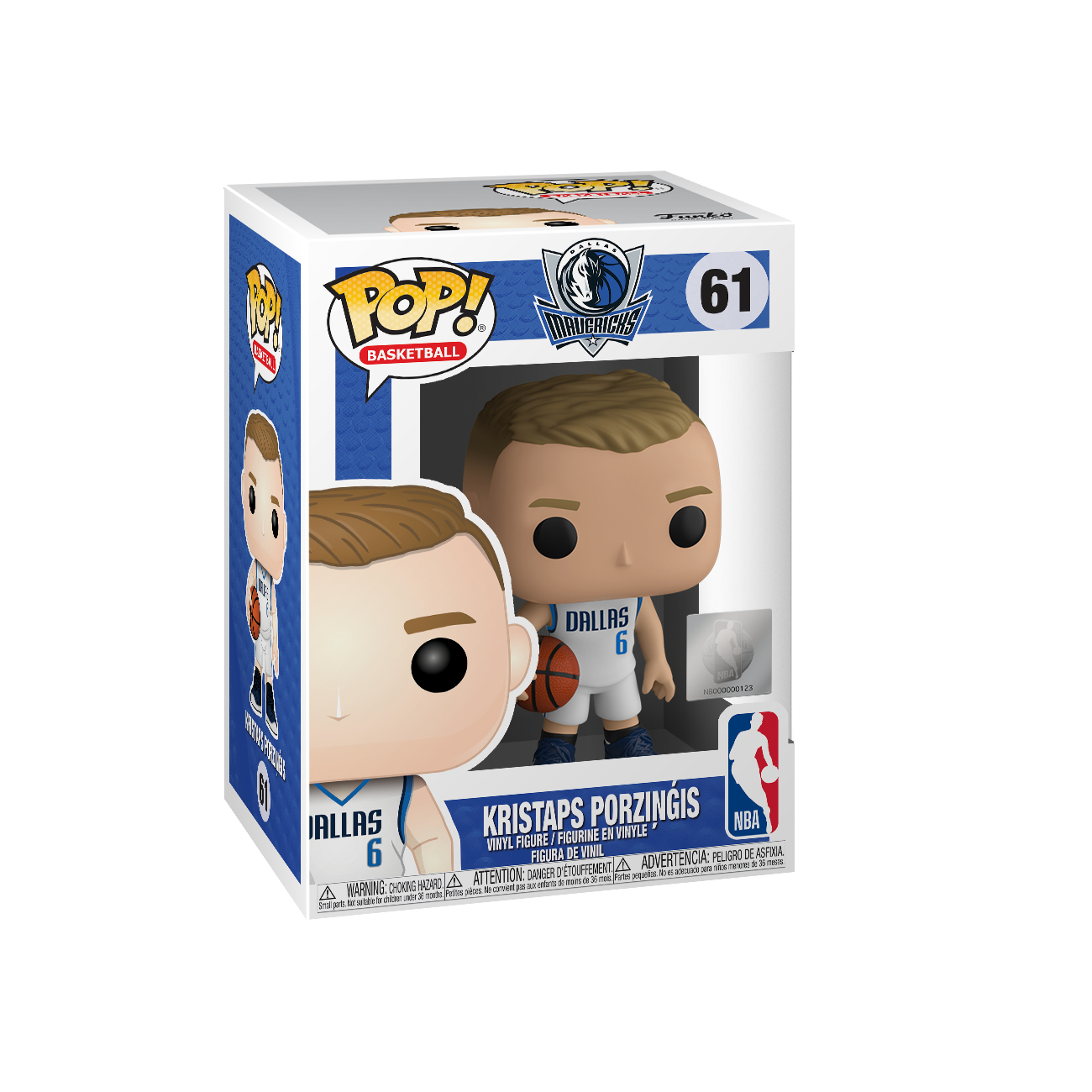 Pop! Vinylfigur von Kristaps Porzingis in einer Box. Die Box hat Mavericks-Branding.