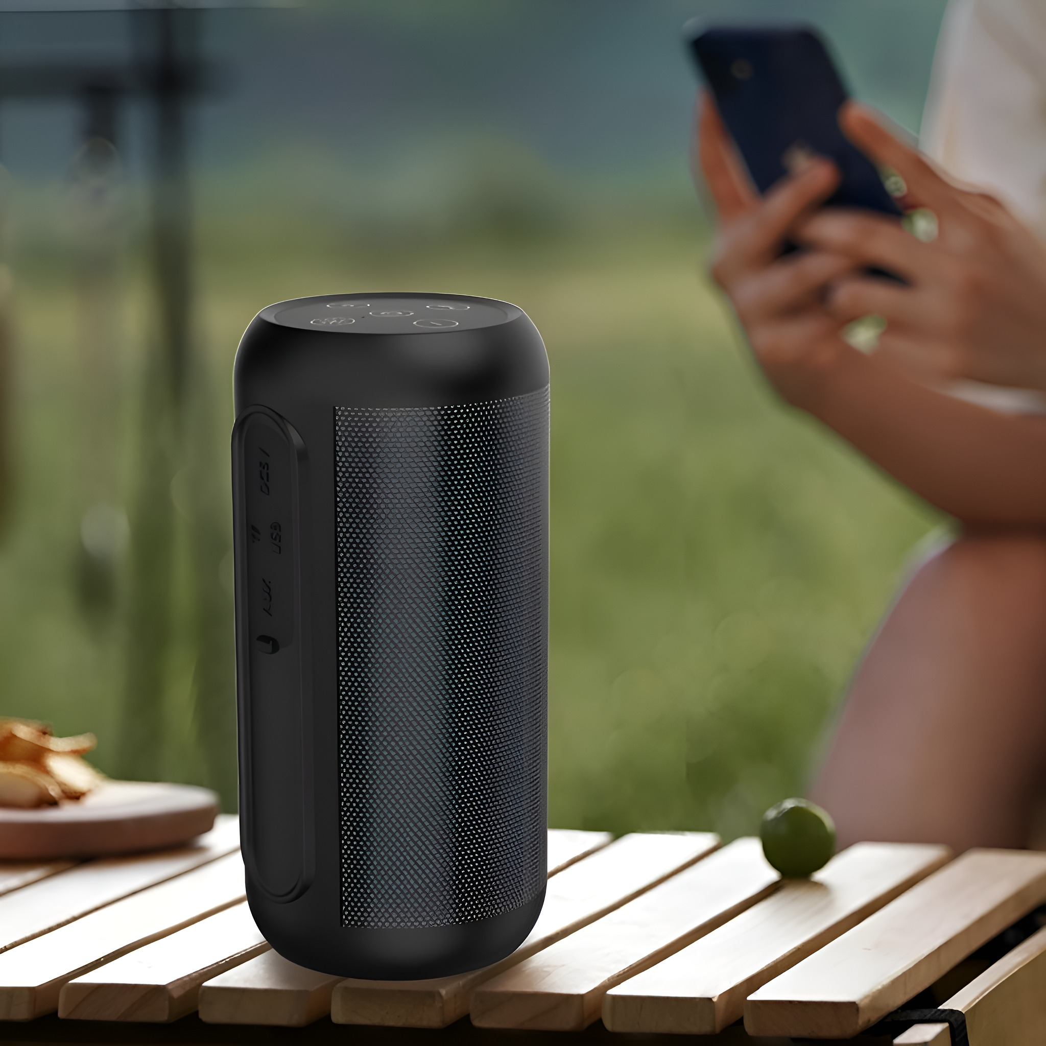 Schwarzer zylindrischer Lautsprecher auf einem Holztisch, im Hintergrund ein Telefon.