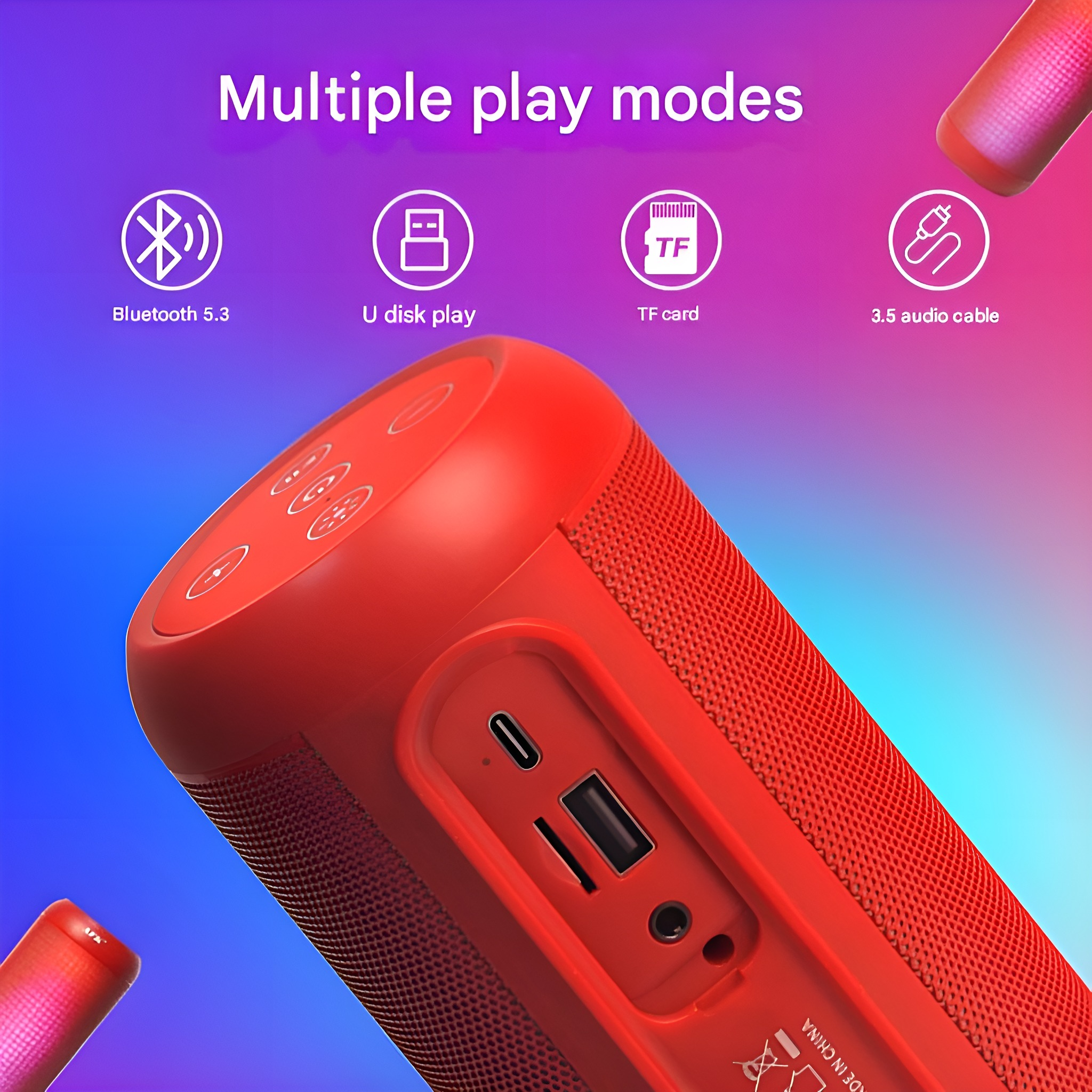 Roter Lautsprecher mit mehreren Spielmodi und Symbolen für Bluetooth, USB, TF-Karte und Audiokabel.