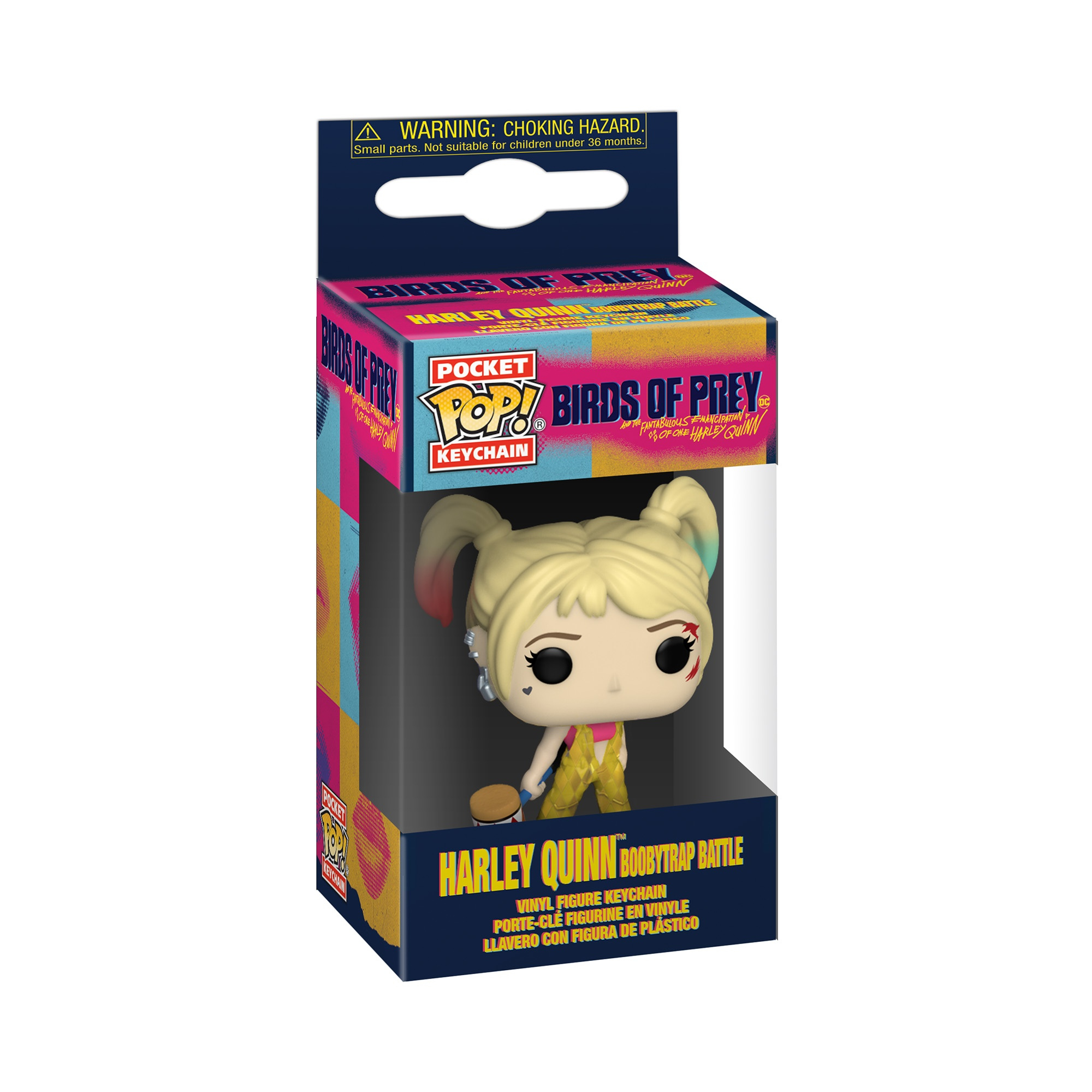 Harley Quinn Pocket Pop Schlüsselanhänger in einer bunten Schachtel. Die Figur der Figur wird angezeigt.