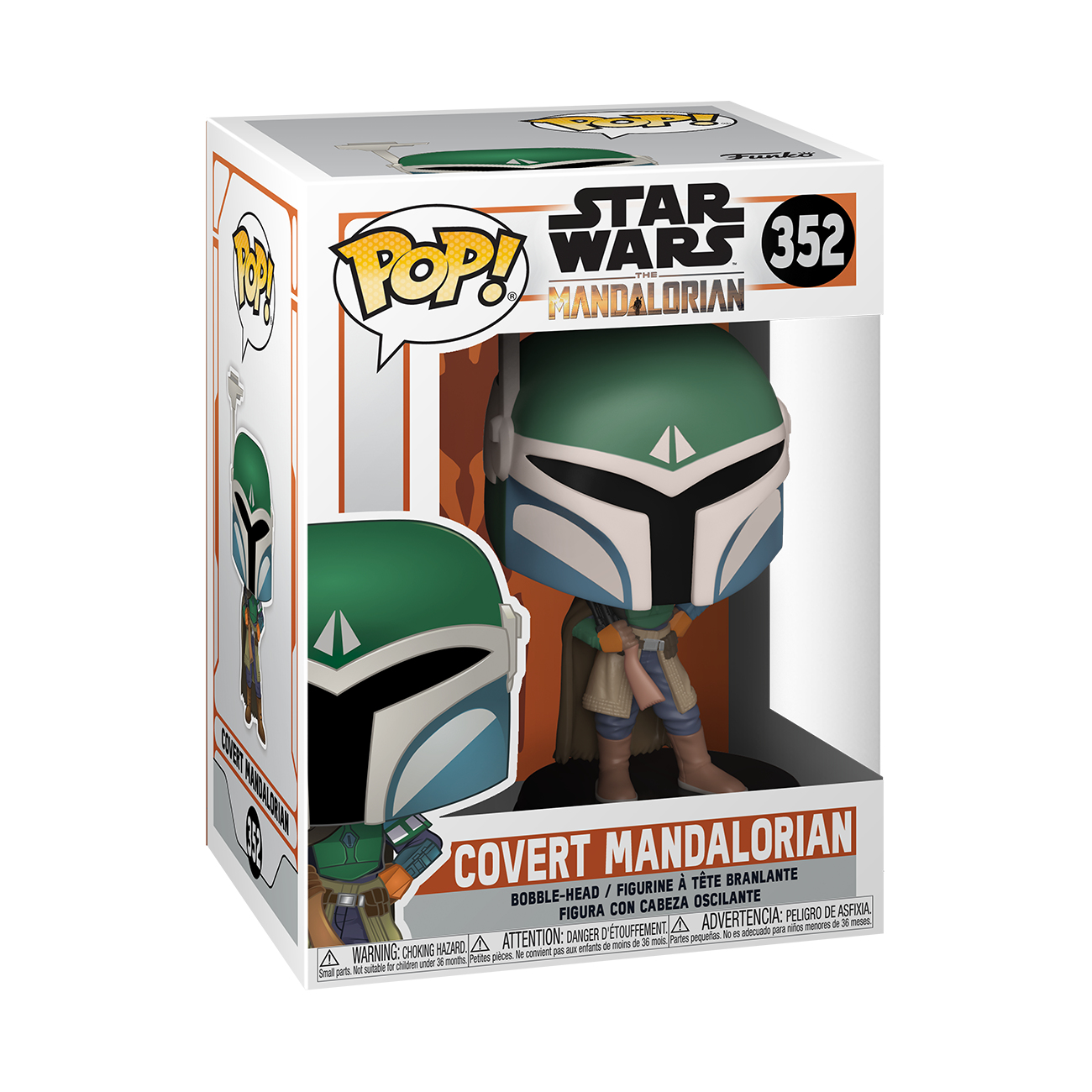 Eine Star Wars Mandalorian Funko Pop Figur in einer Box. Sie hat einen grünen Helm und Rüstung.