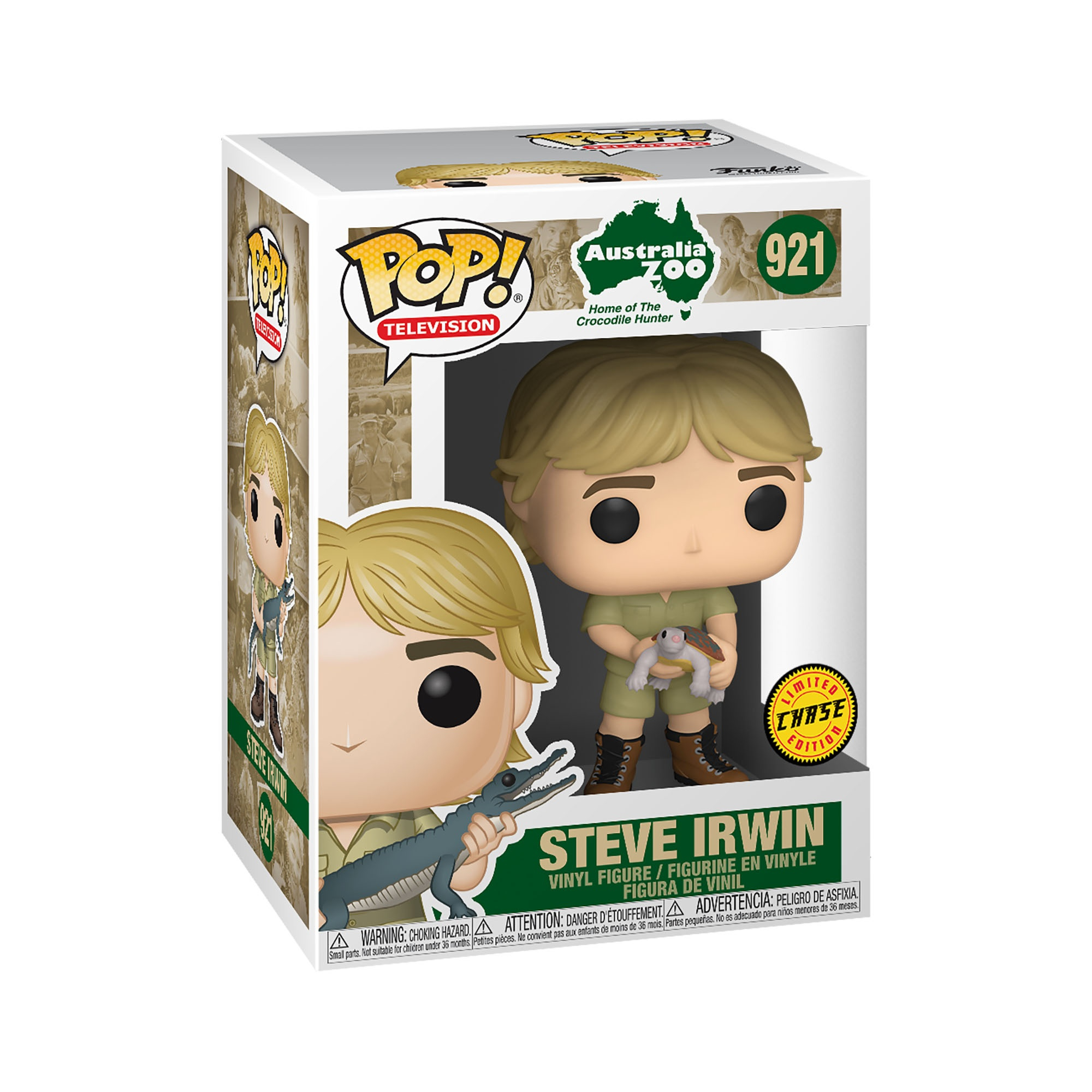 Figurka Steve'a Irwina w pudełku, trzymająca zabawkę krokodyla. Tekst: Steve Irwin, Pop! Television.