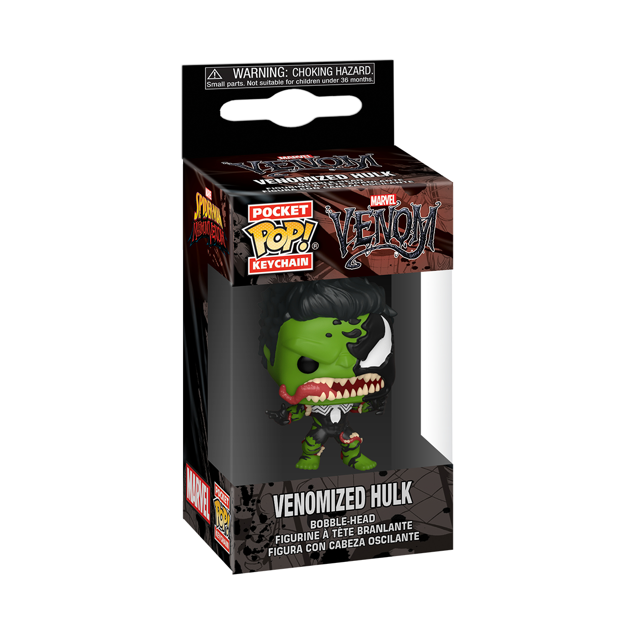 Eine Venomized Hulk Pocket Pop-Schlüsselanhängerfigur in einer Box. Es zeigt einen grünen Hulk mit Venom-Merkmalen.