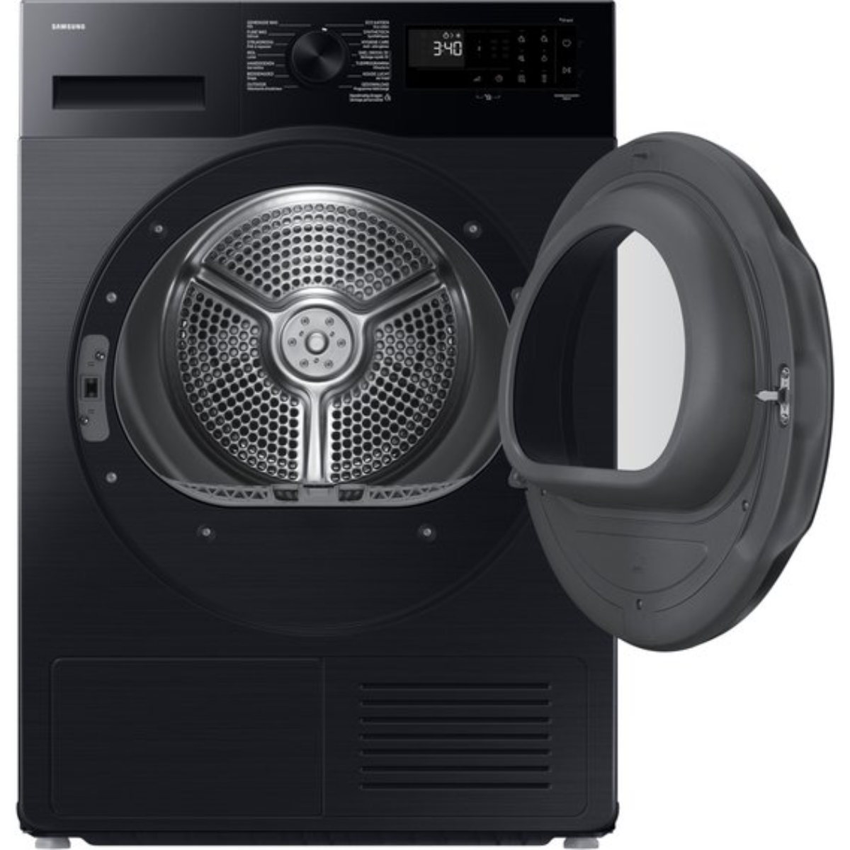 Black Samsung dryer with the door open. The control panel is at the top left.