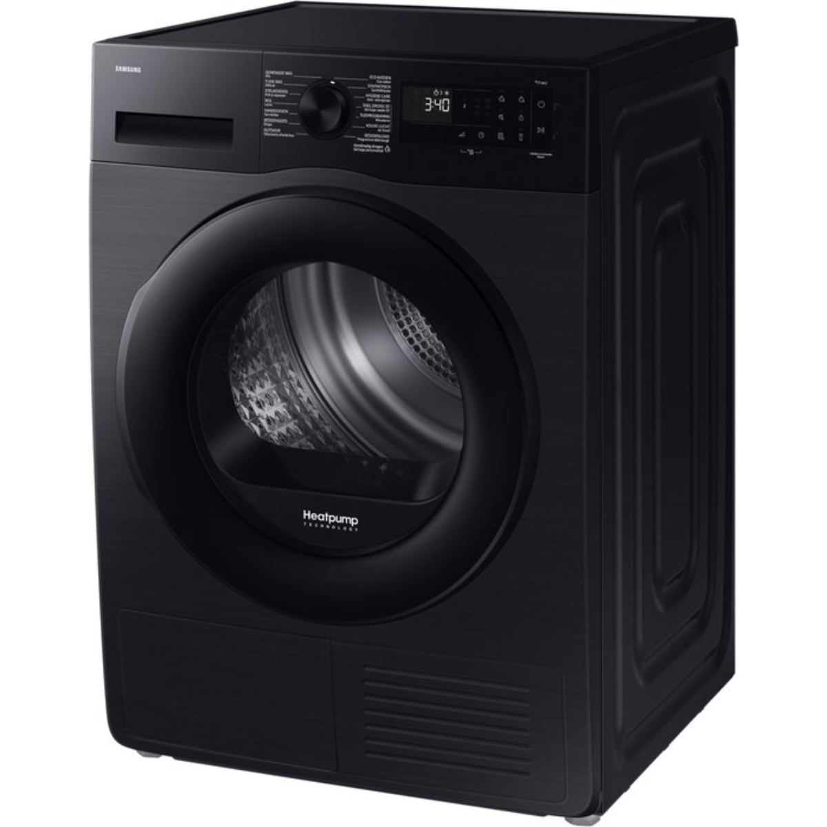 Black Samsung dryer. It has a large door, control panel, and air vents. Heatpump technology.