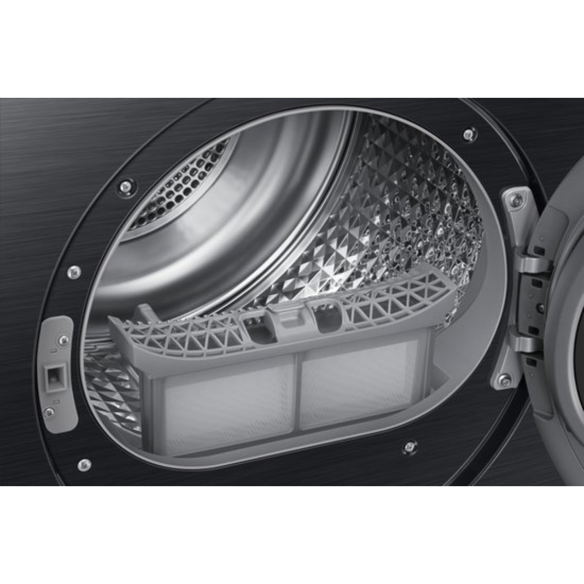 Close-up of a black dryer drum with the lint filter open, showing the interior.