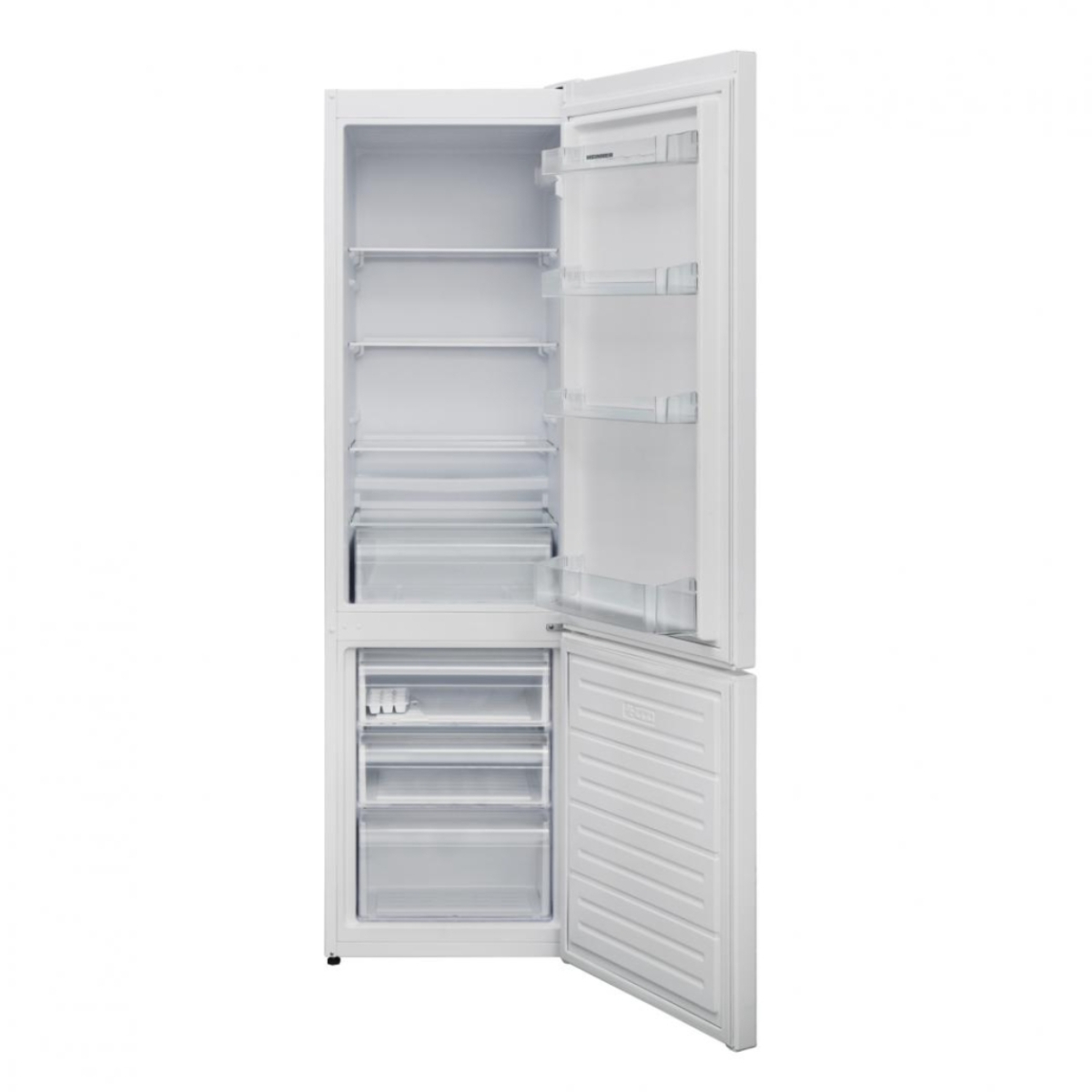 Un réfrigérateur blanc avec la porte ouverte, montrant étagères et compartiments. L'intérieur est propre.