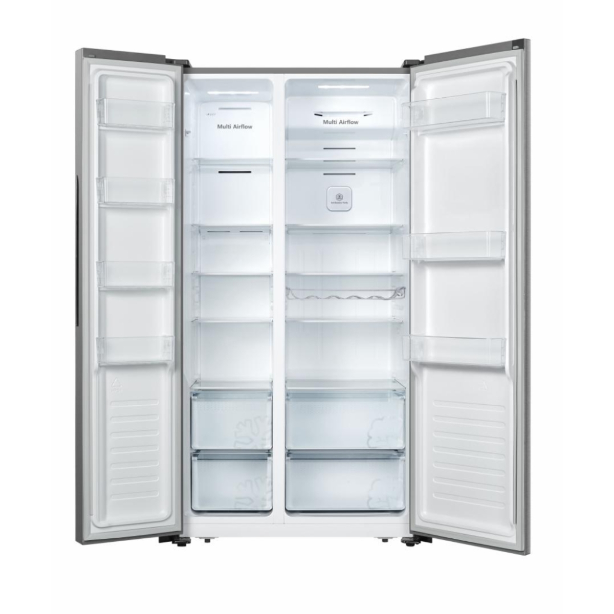 Een zwarte side-by-side koelkast met een waterdispenser.