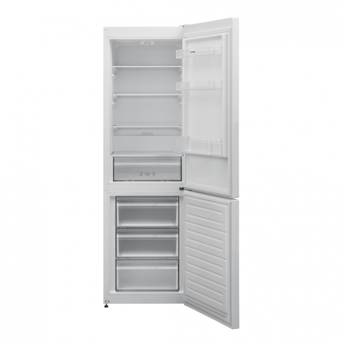 A white refrigerator with the door open. The interior has shelves and drawers. The inside is clean.