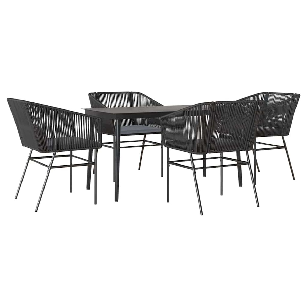 Set da pranzo nero da esterno con tavolo e sedie, su sfondo bianco.