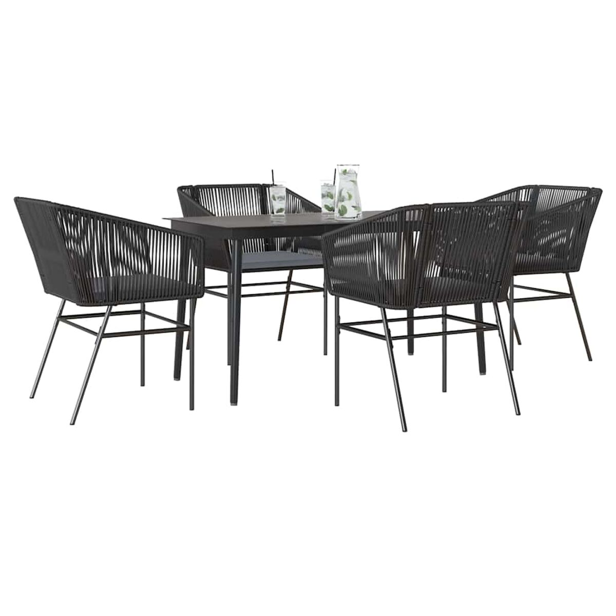Set da pranzo all'aperto con tavolo grigio scuro e quattro sedie. Design in materiale tessuto, sfondo bianco.