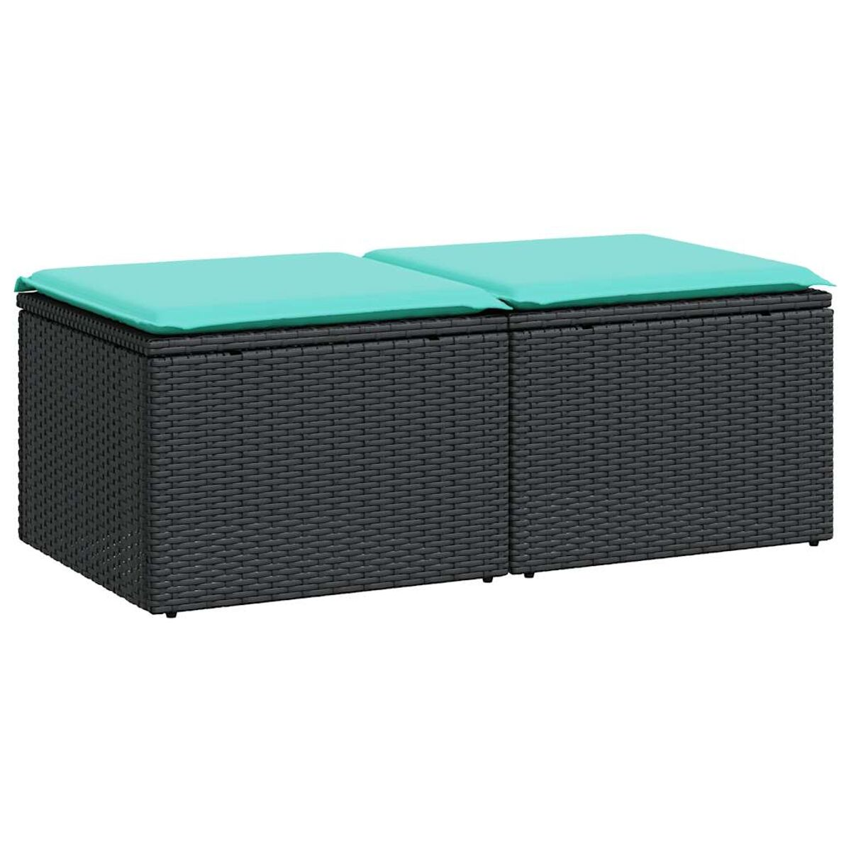 Due contenitori neri con cuscini turchesi. Sfondo bianco, design moderno.