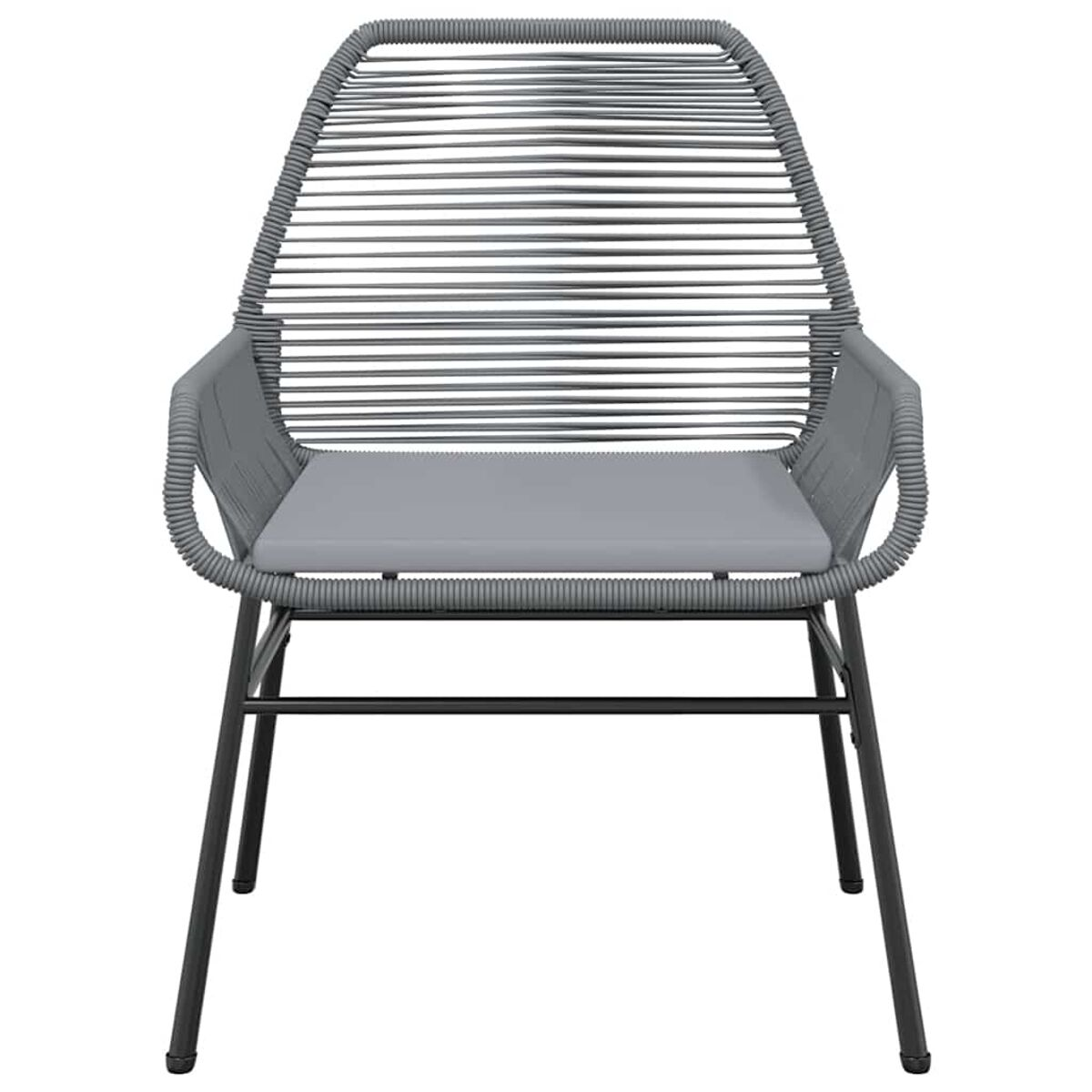Una sedia grigia con schienale intrecciato e un cuscino grigio, su sfondo bianco.