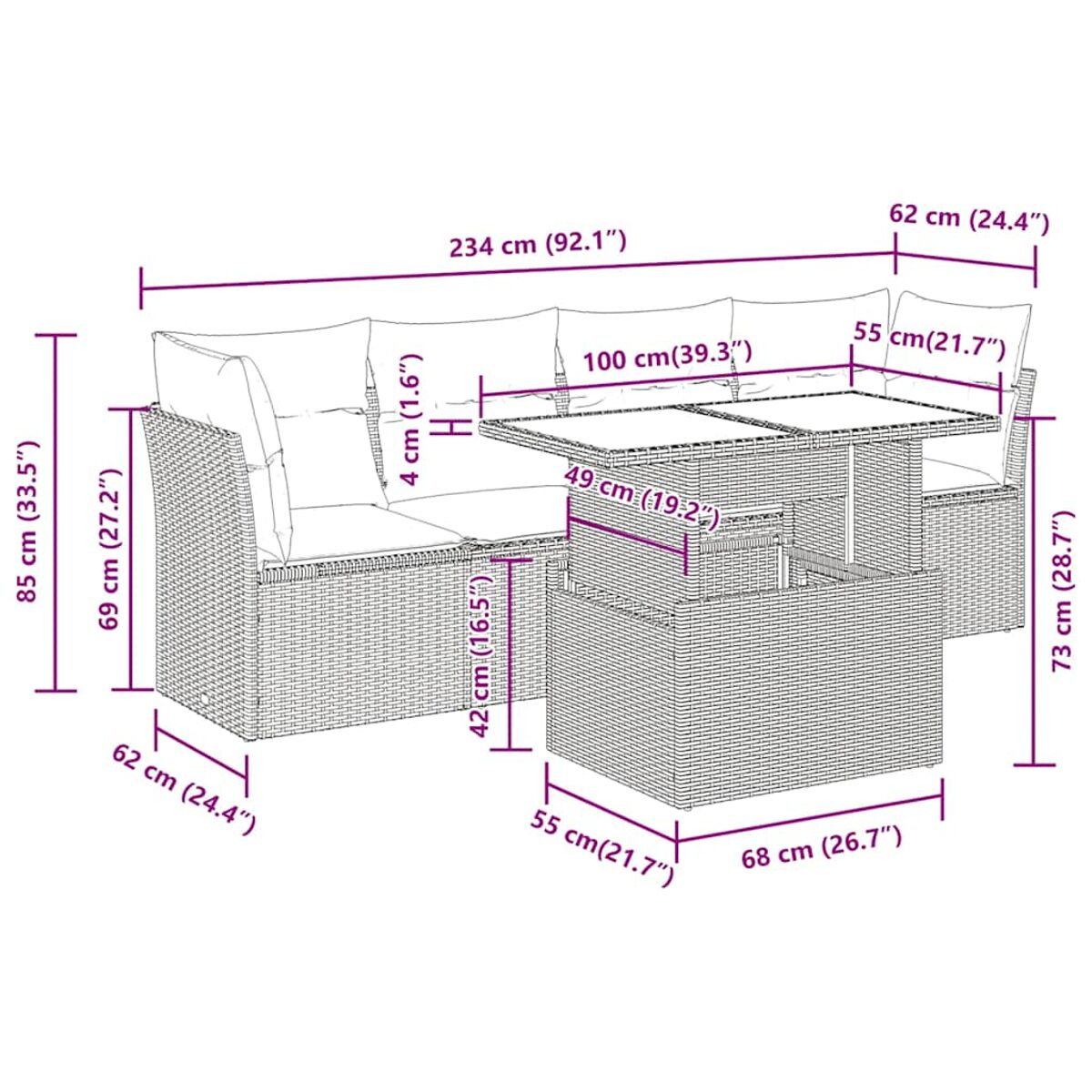 Set di mobili da esterno in vimini. Include divano, tavolo e sedie, con dimensioni.
