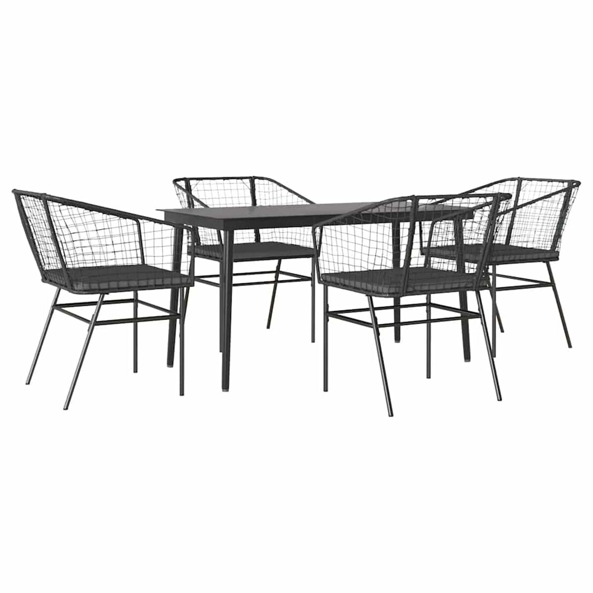 Set da pranzo all'aperto con quattro sedie e un tavolo, tutti con telai in filo di ferro nero.