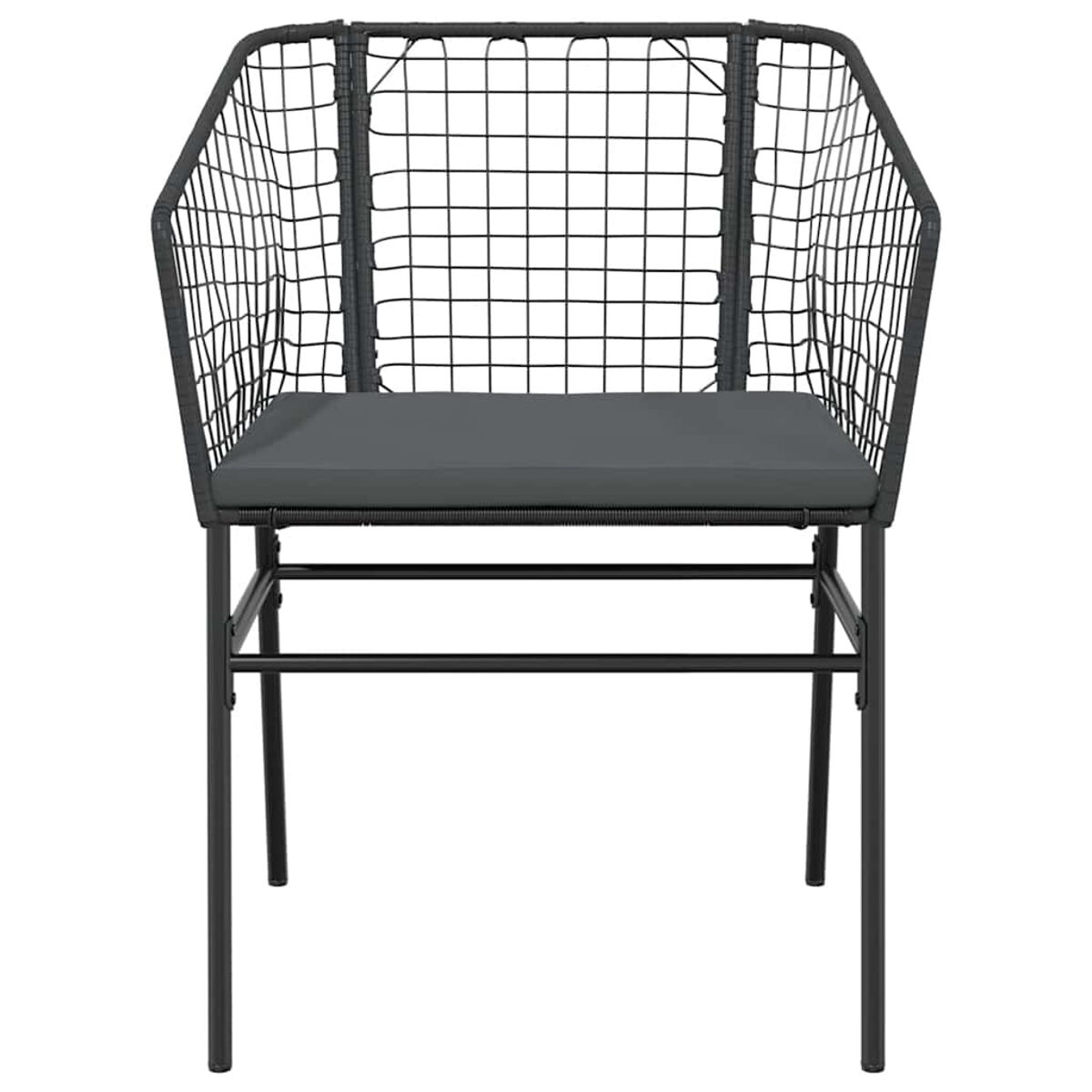 Sedia in metallo nero con schienale a rete e cuscino grigio.