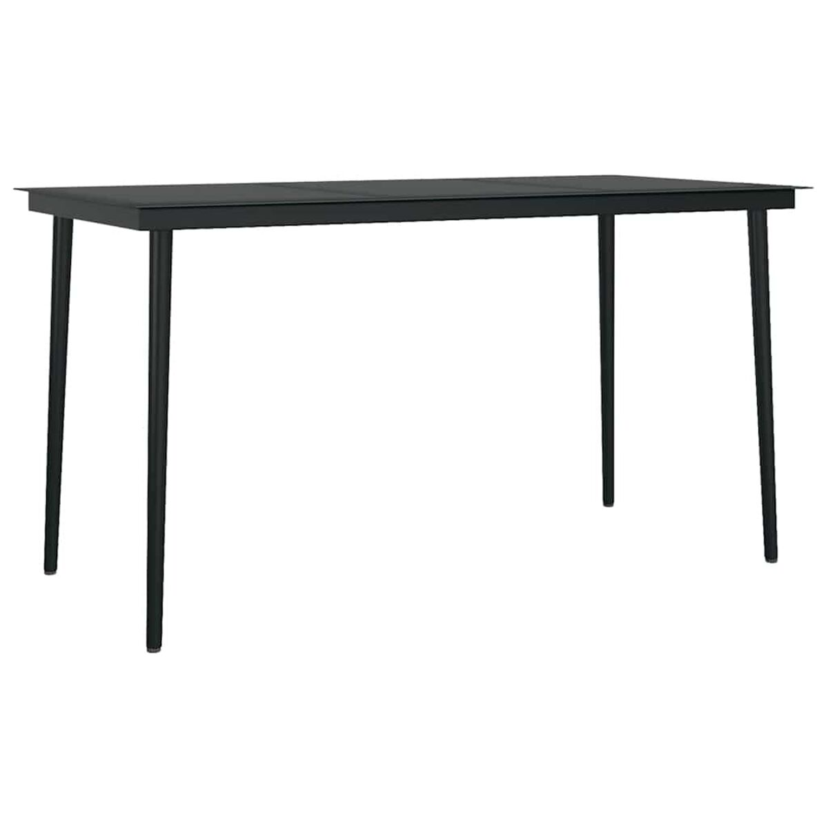 Un lungo tavolo nero con quattro gambe, isolato su sfondo bianco.