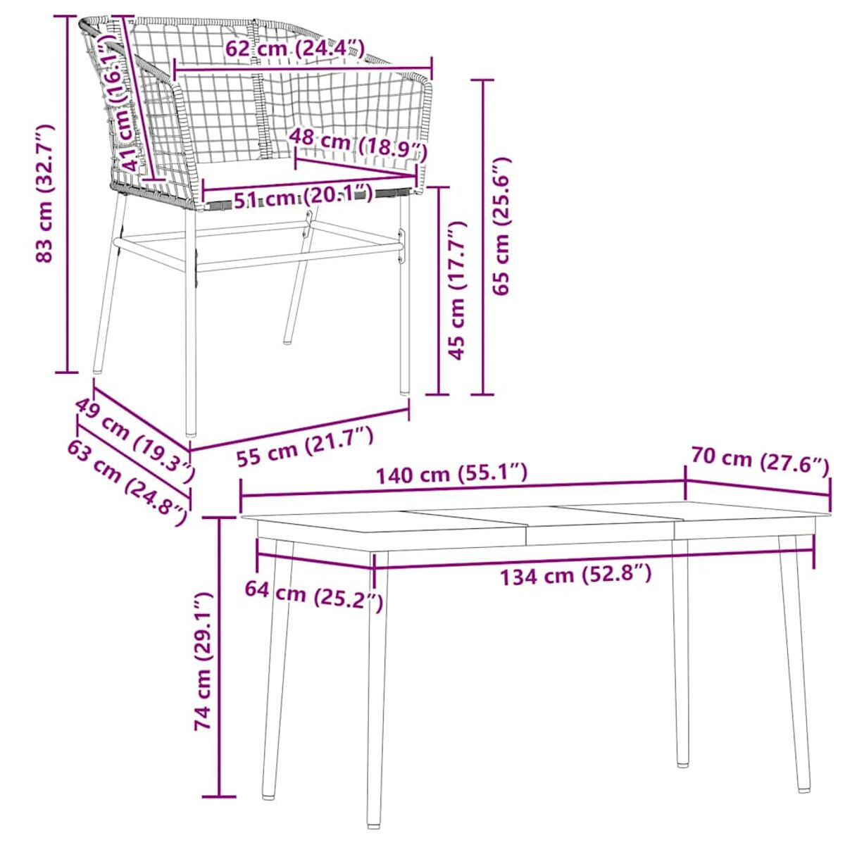 Un diagramma di un tavolo e di una sedia, con misure in centimetri e pollici etichettate.