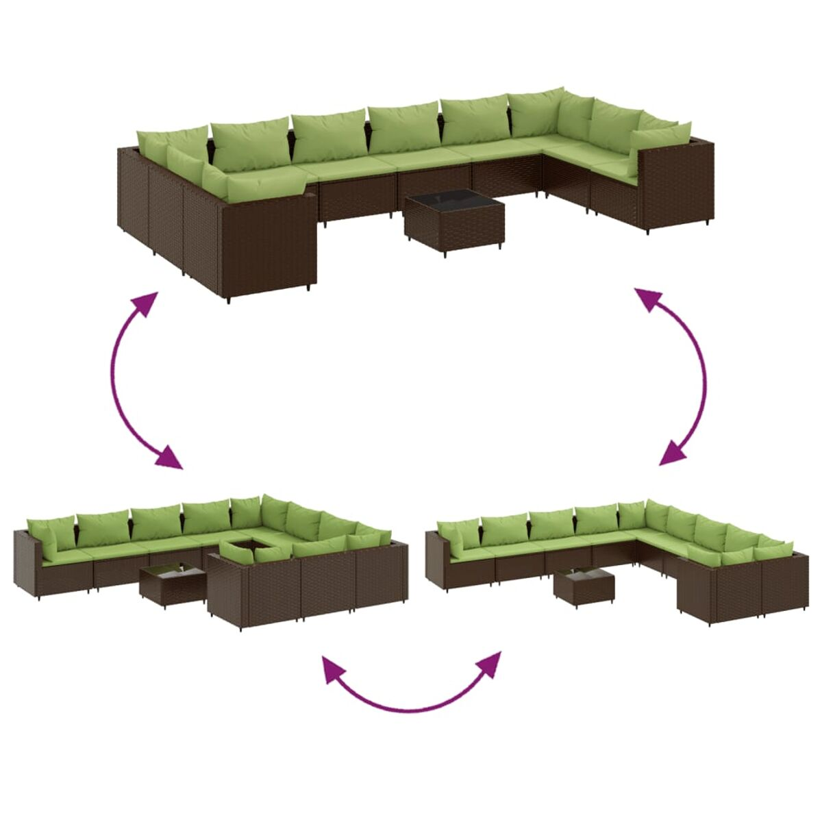 Ein braunes Outdoor-Ecksofa aus Korbgeflecht mit grünen Kissen, in drei Konfigurationen gezeigt.