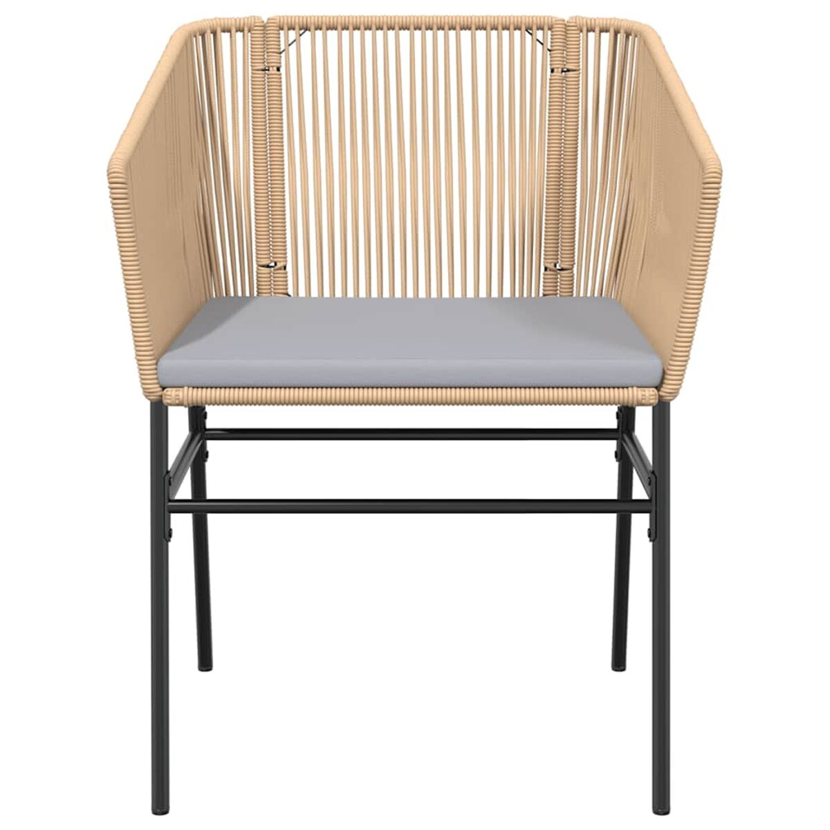 Sedia beige intrecciata con cuscino grigio e struttura in metallo nero. Vista frontale.