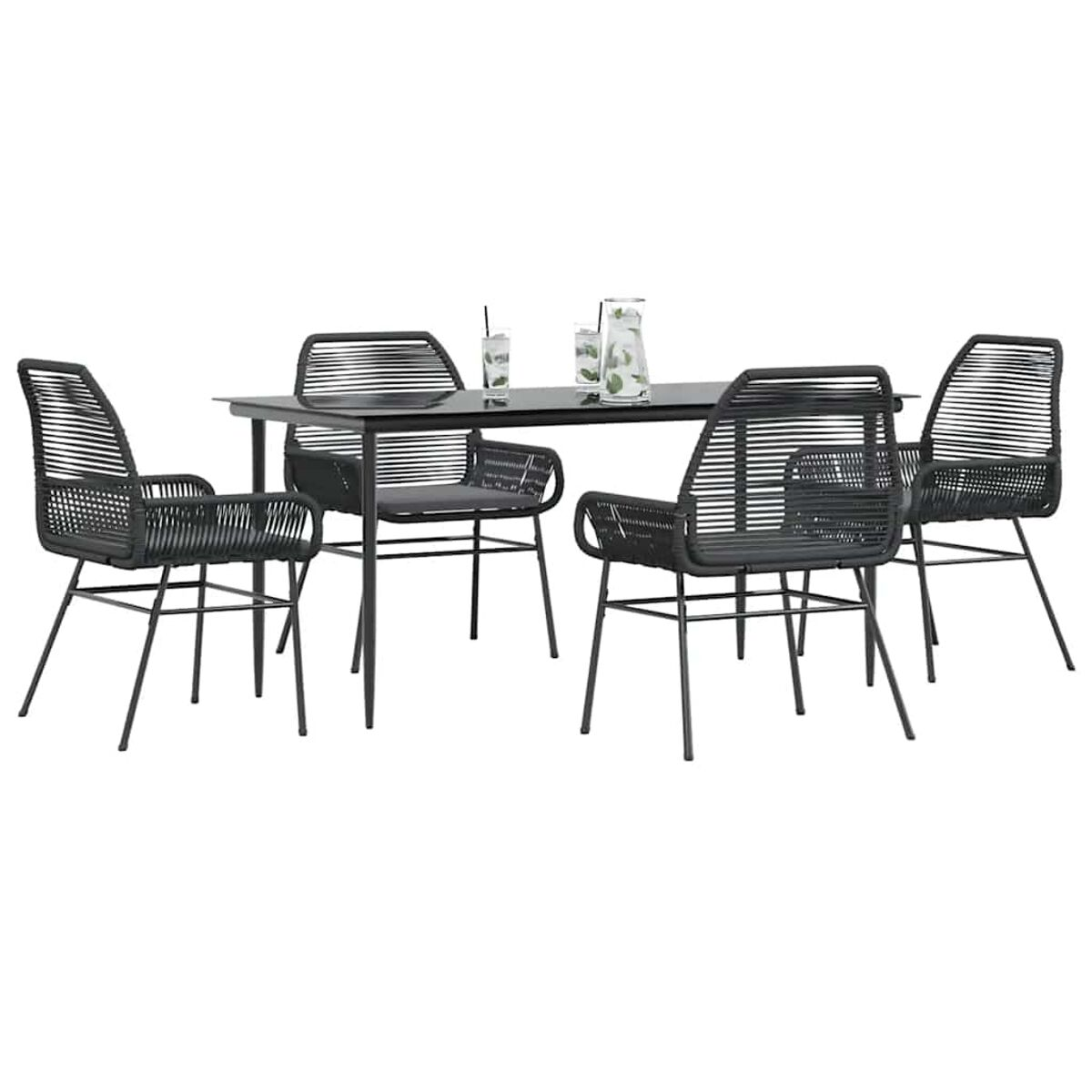 Schwarzes Ess-Set im Freien: Tisch und vier Stühle mit gewebten Rückenlehnen.