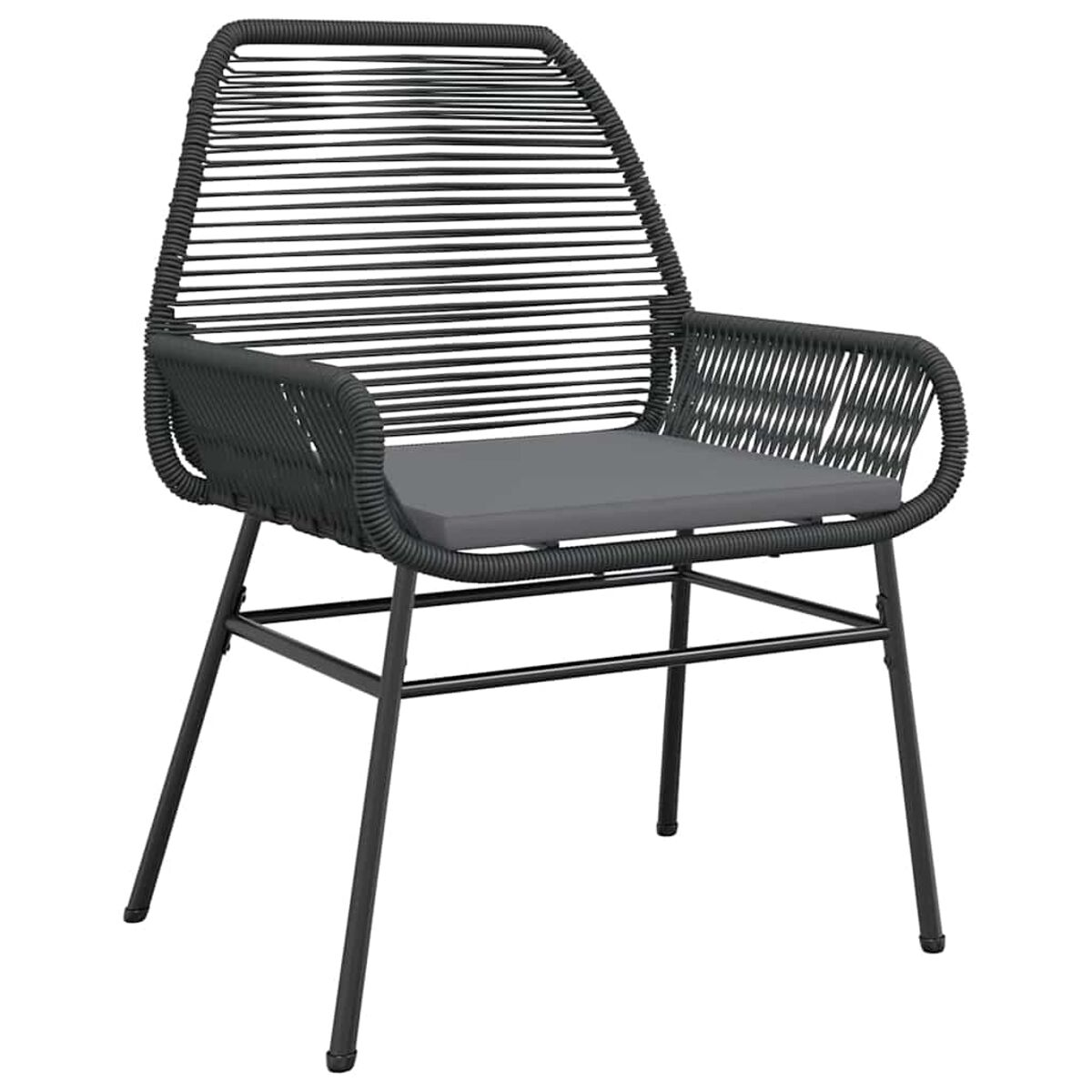 Una moderna sedia da esterno grigia con struttura nera e seduta intrecciata. La sedia ha un cuscino grigio.