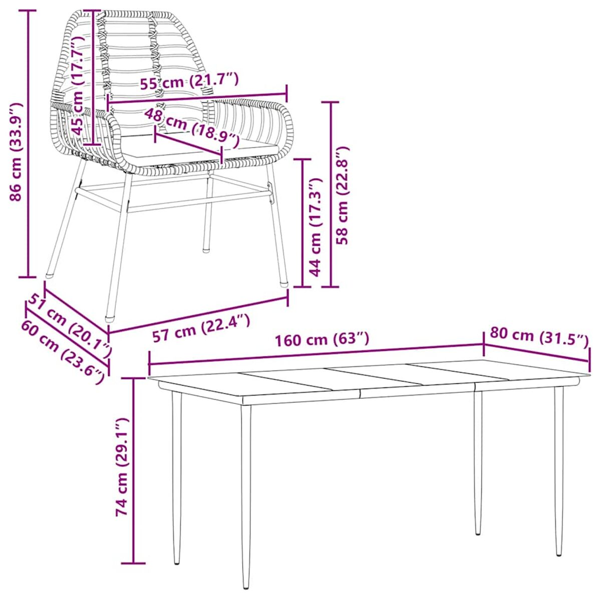 Disegno al tratto di una sedia con dimensioni accanto a un tavolo con dimensioni, entrambi per uso esterno.