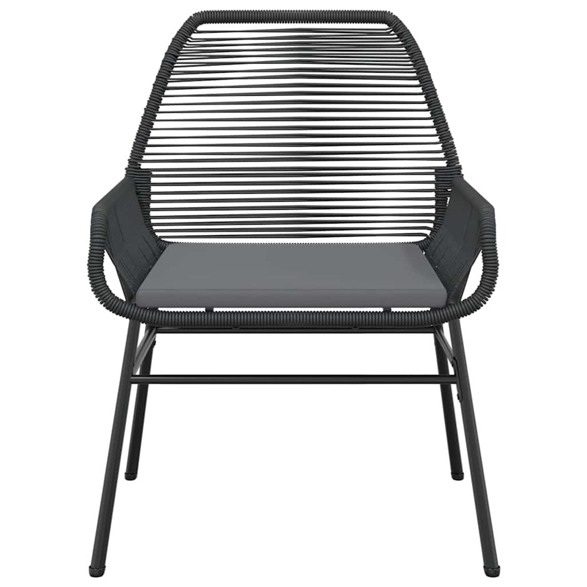 Una sedia nera da esterno con cuscino grigio e design dello schienale intrecciato.