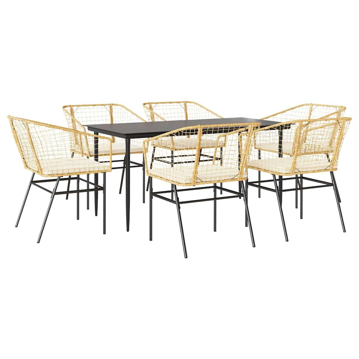 Set da pranzo per esterni. Tavolo e sei sedie con cuscini beige e telai neri.