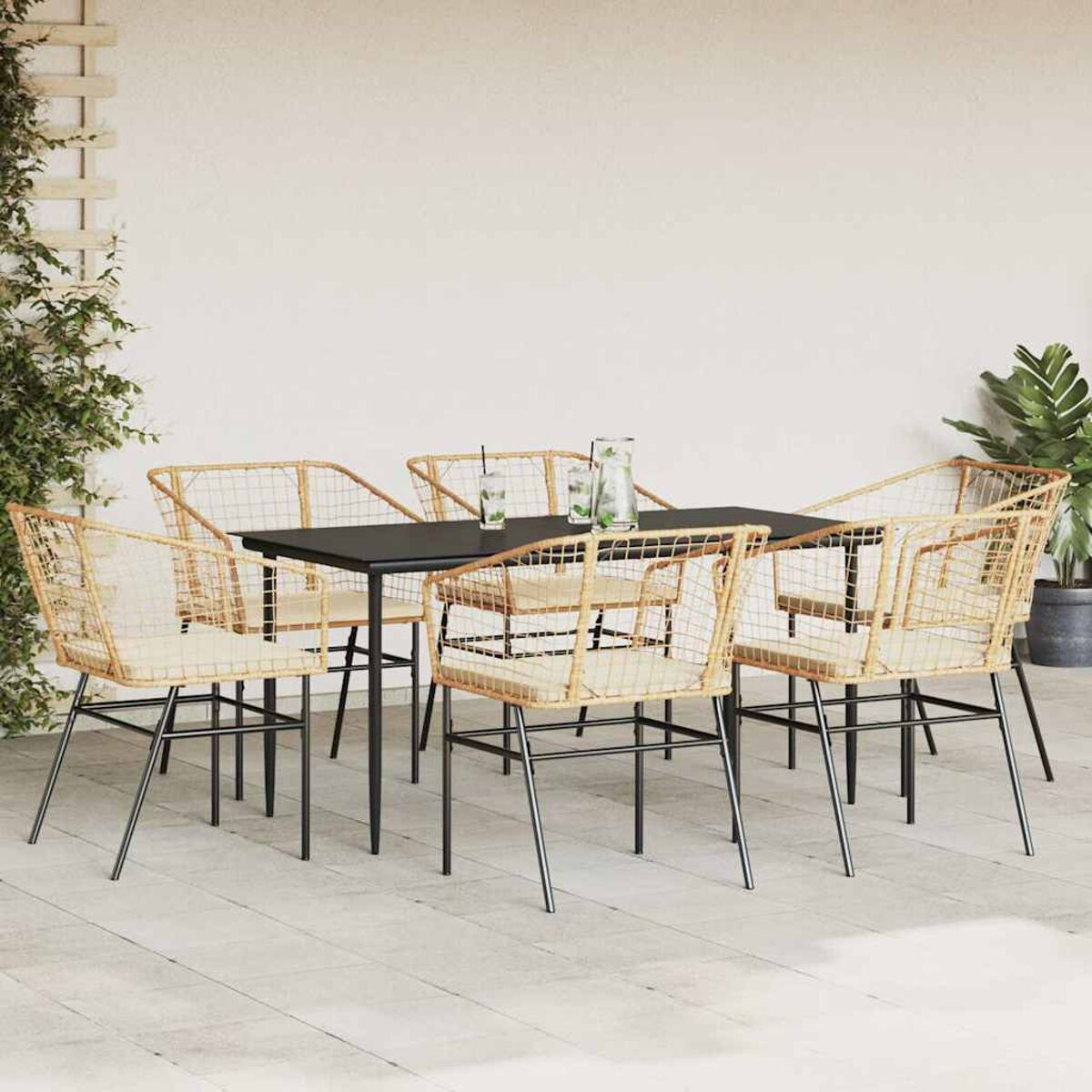 Un set da pranzo per esterni con un tavolo rettangolare e sei sedie, su un patio con un muro.