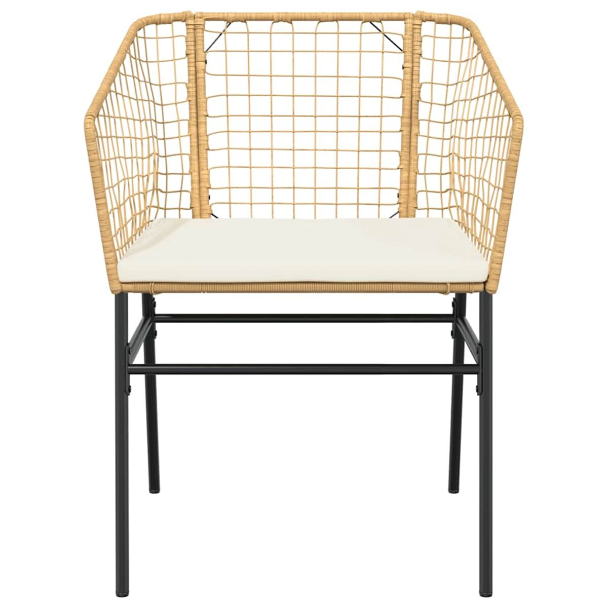Sedia intrecciata con seduta beige e gambe in metallo nero, su sfondo bianco.