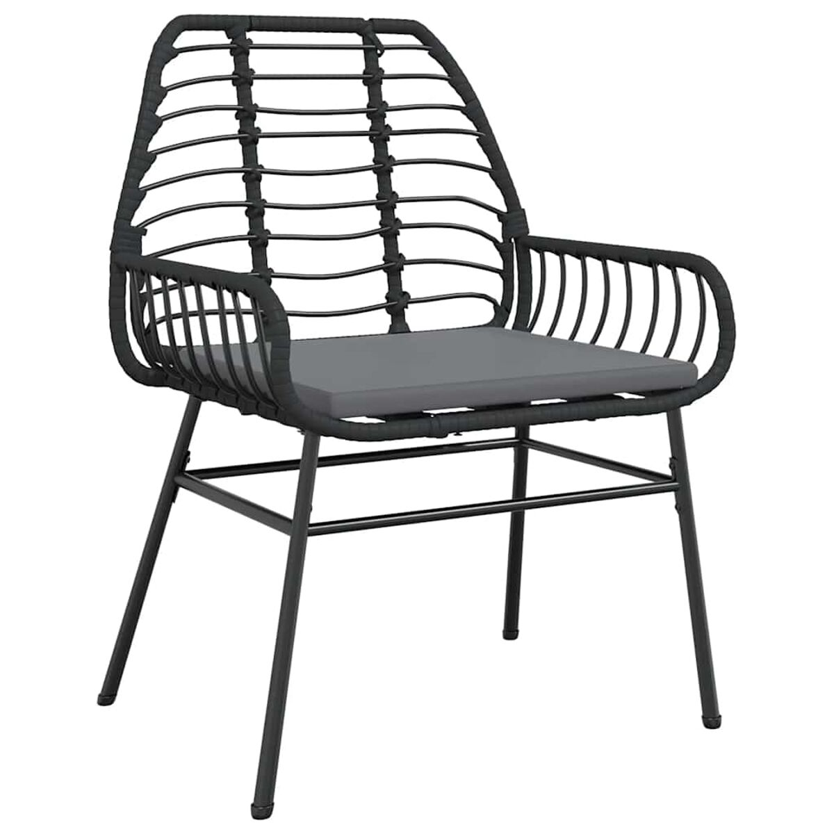 Sedia nera con schienale intrecciato. Cuscino del sedile grigio. Struttura in metallo nero. Sfondo bianco.