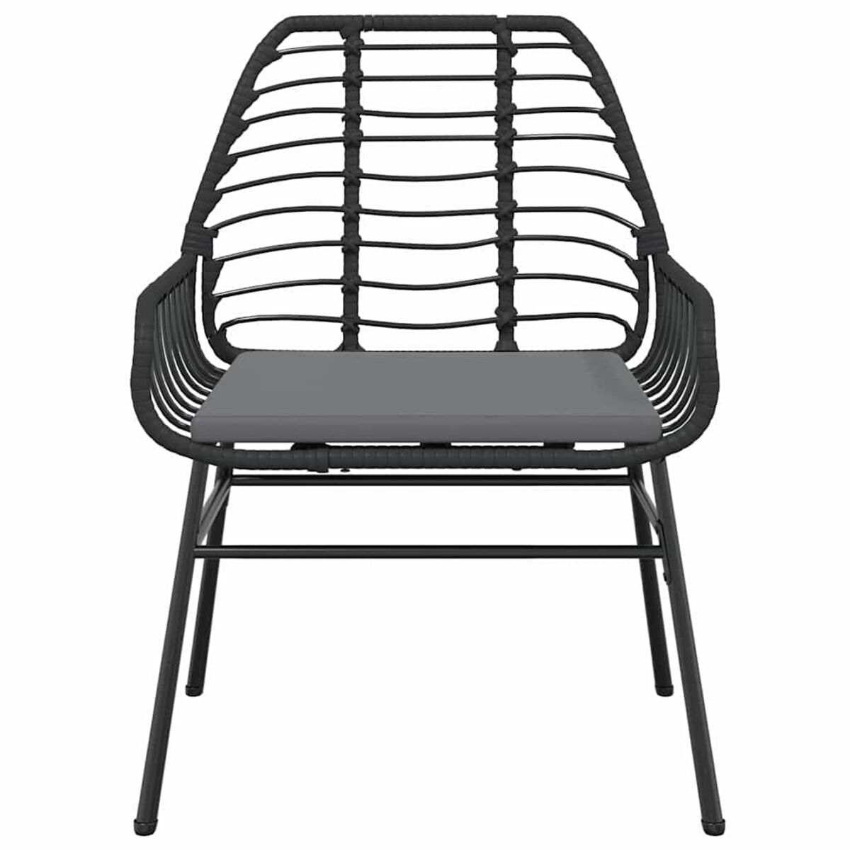 Sedia nera in rattan con cuscino grigio, gambe in metallo.
