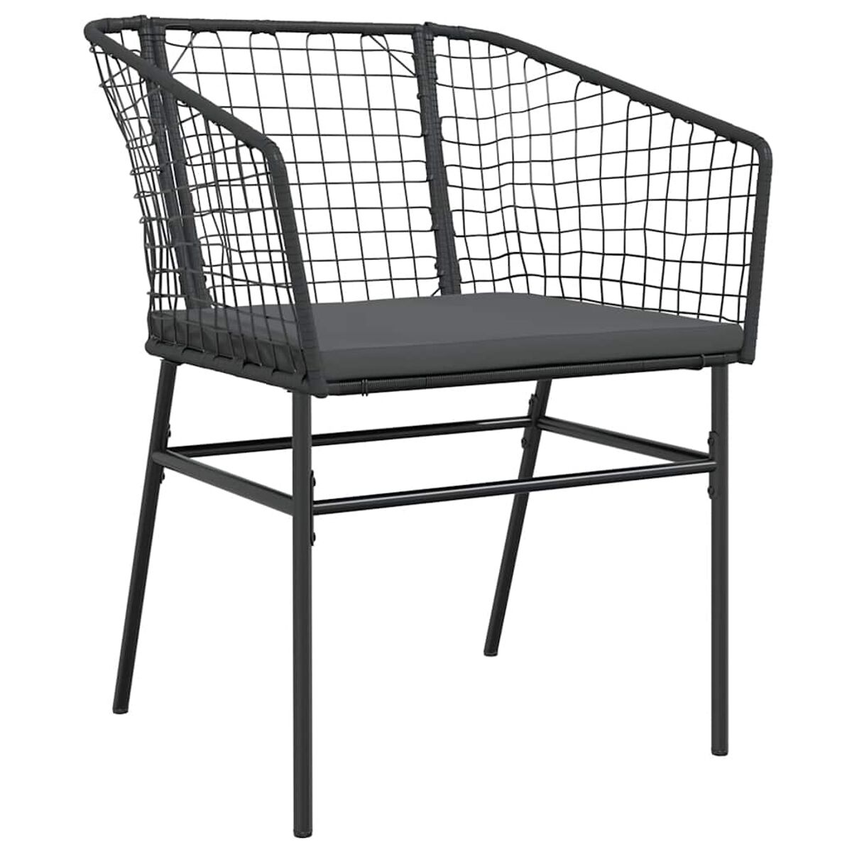 Una sedia in filo di metallo nero con cuscino grigio, su sfondo bianco.
