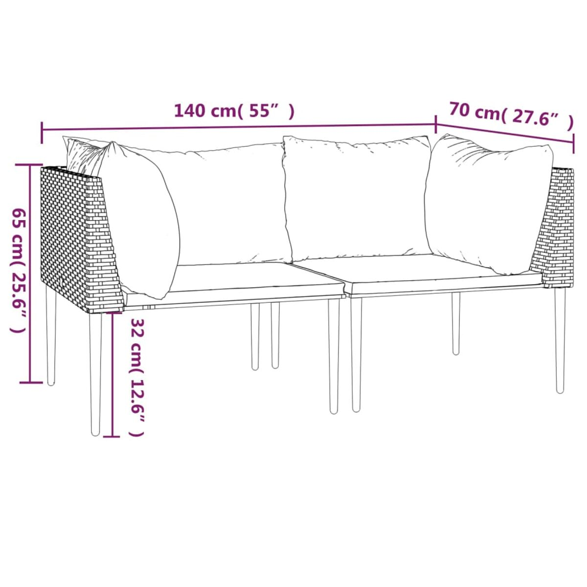 Diagramma di un divano da esterno intrecciato con dimensioni in cm e pollici.