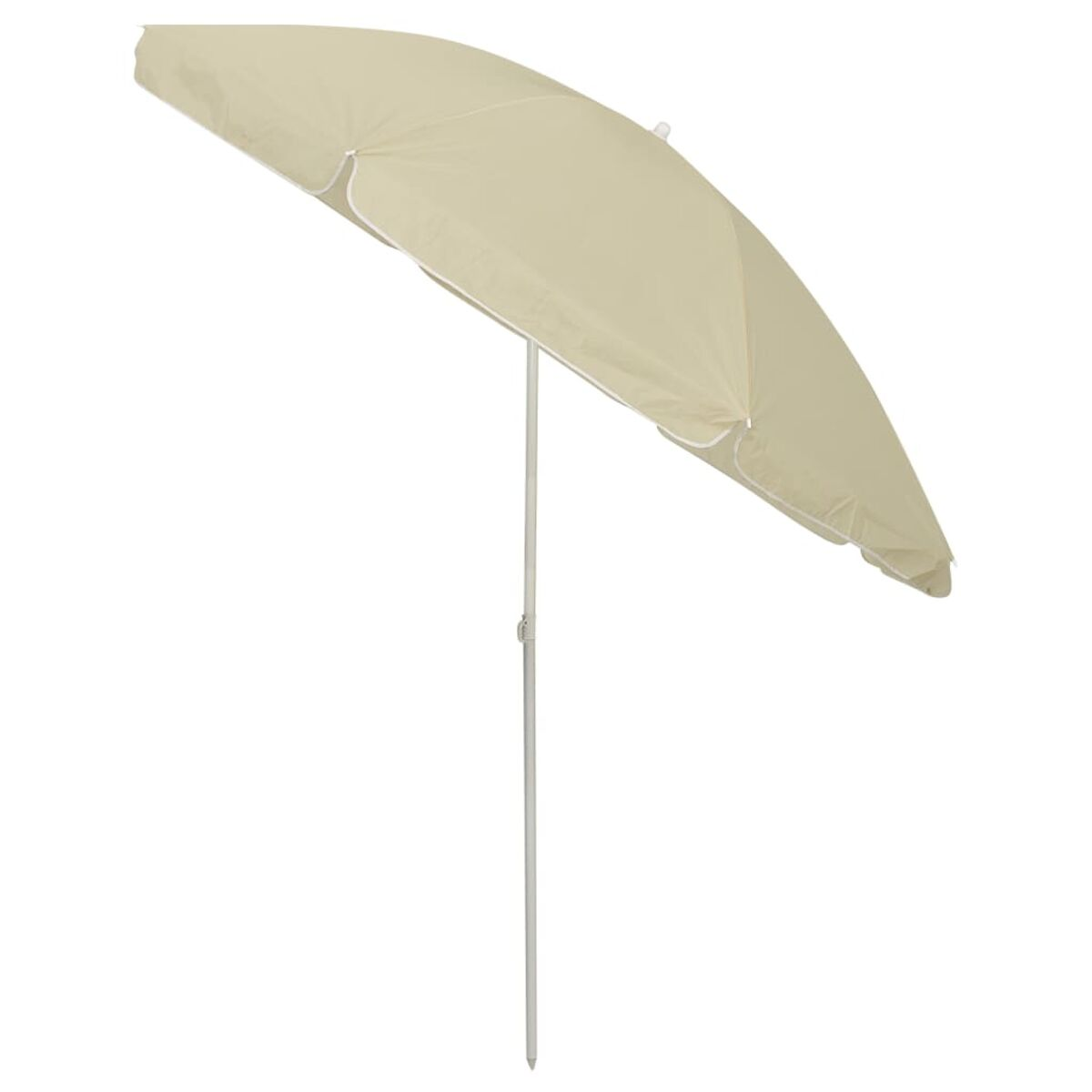 Un ombrellone beige è aperto, con un palo bianco su sfondo bianco.