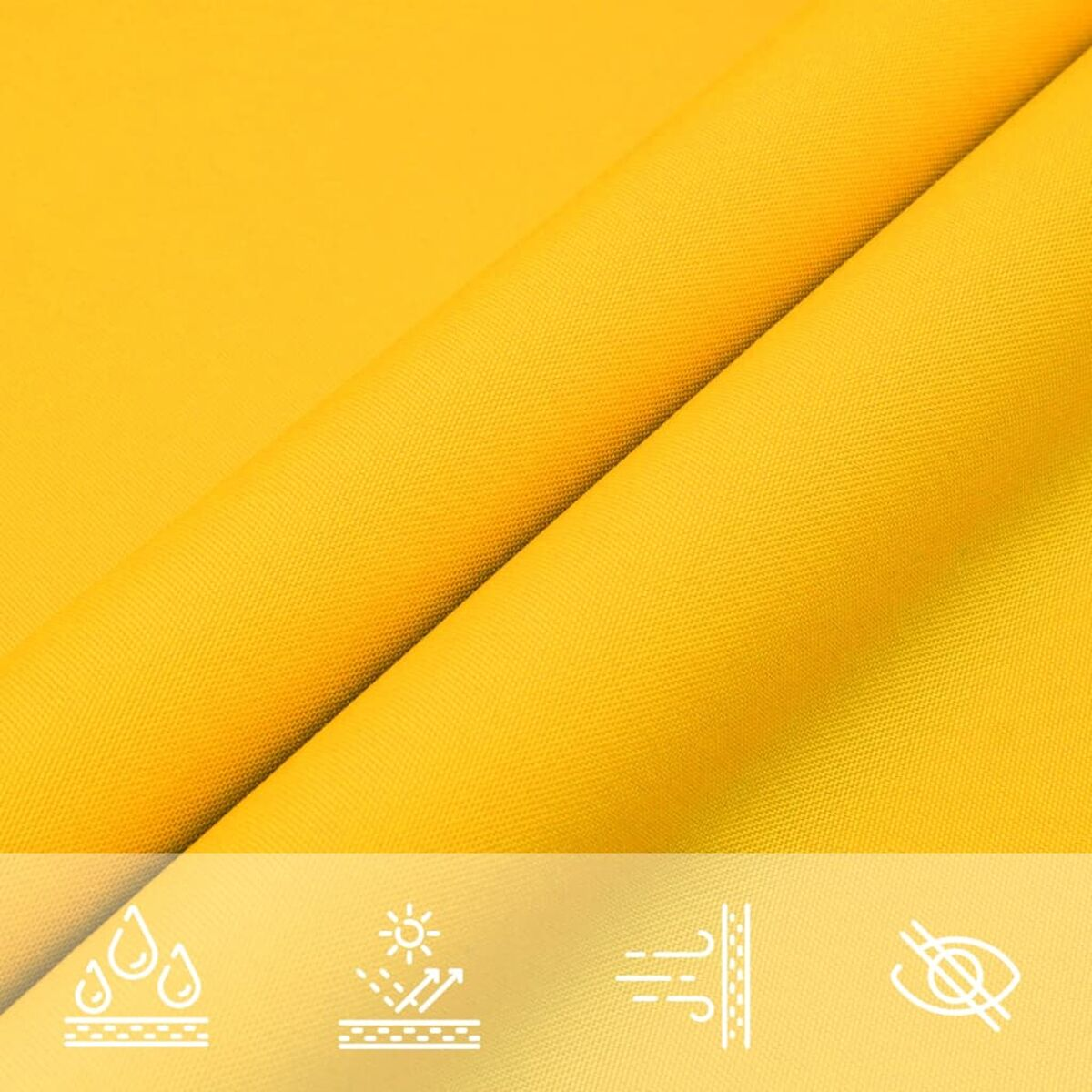 Tessuto giallo con simboli di sole, acqua, vento e nessun contatto visivo in basso.