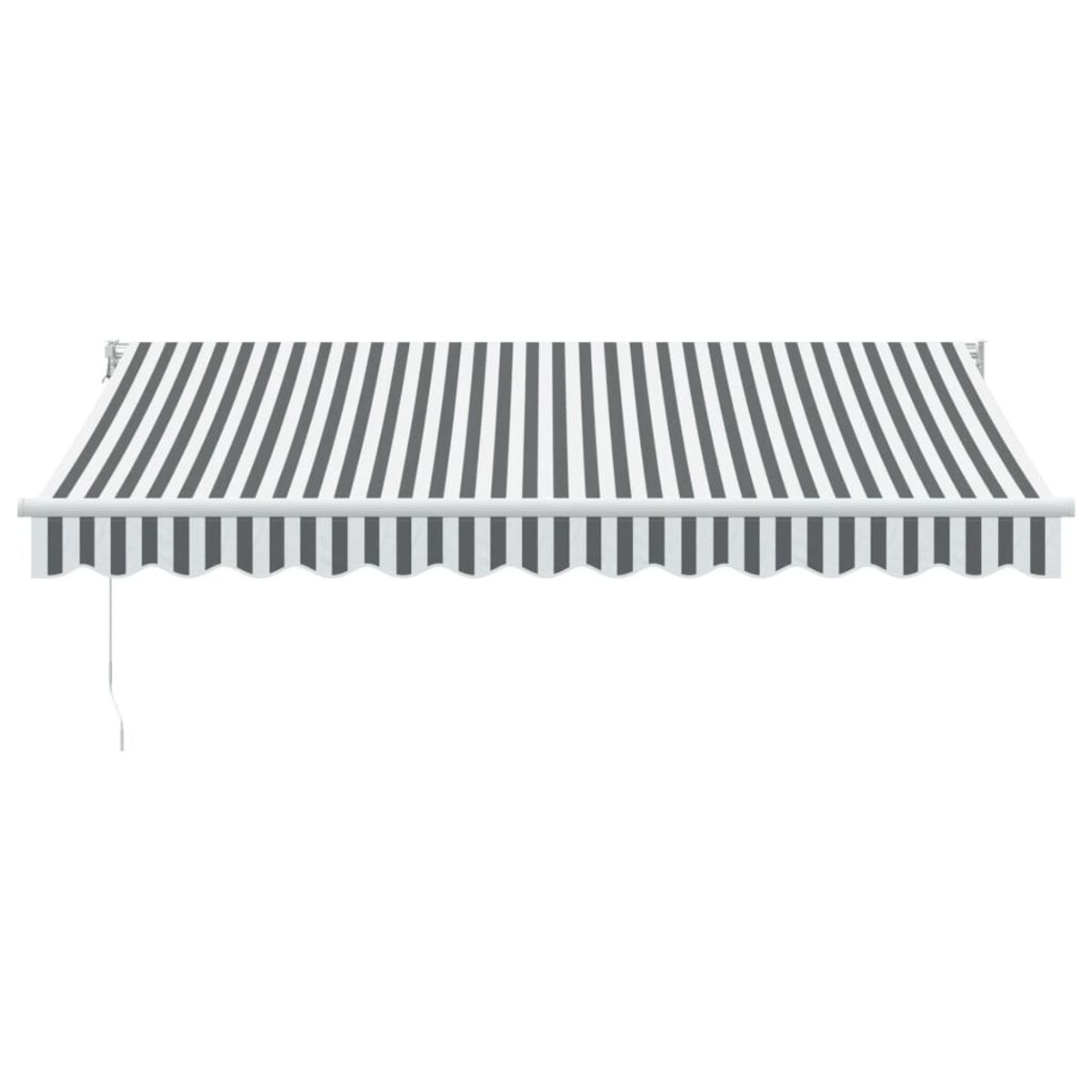 Una tenda a strisce. Ha strisce bianche e grigie con un bordo bianco e un cordino bianco.
