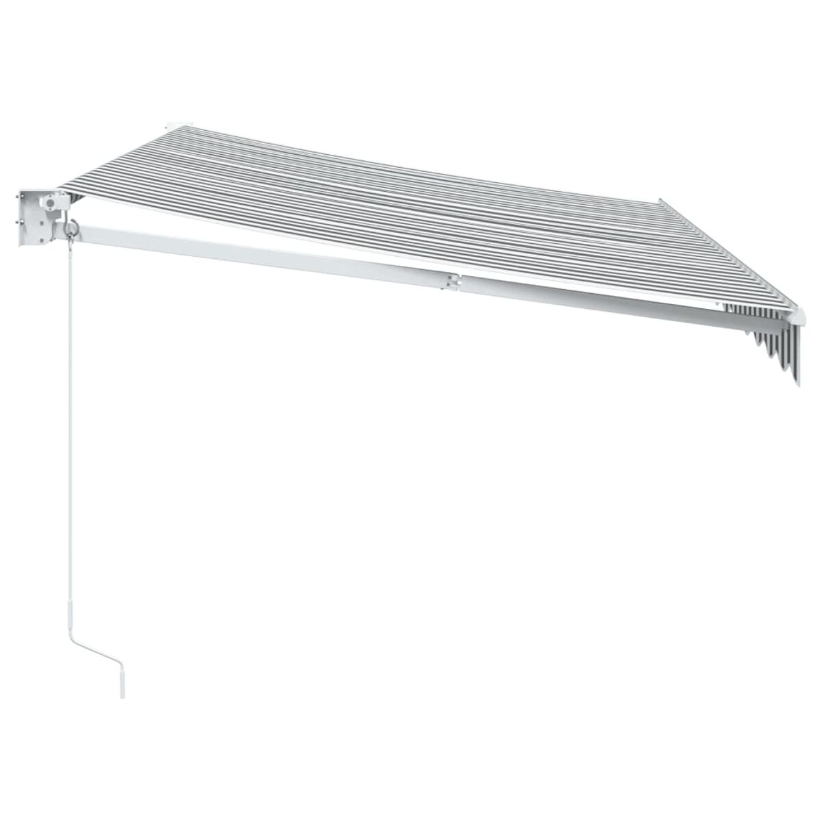Tenda da sole retrattile bianca, tessuto a righe, con meccanismo di controllo.