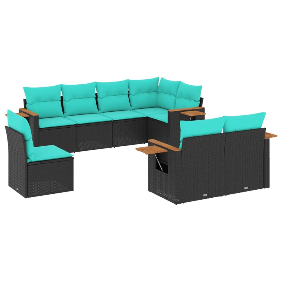 Set da patio in vimini nero con cuscini turchesi. Sfondo bianco.