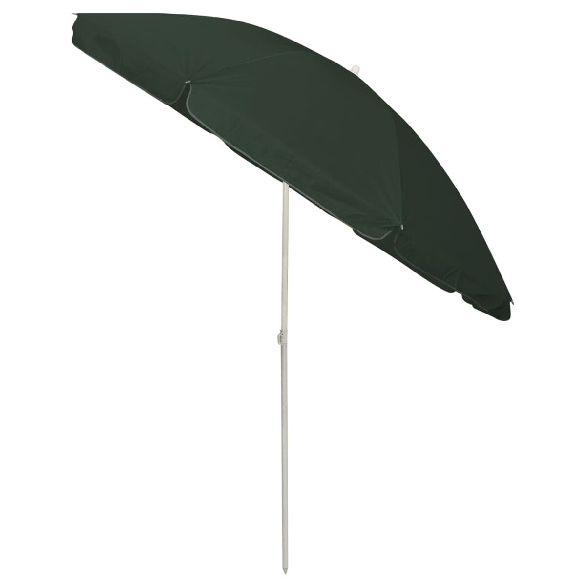 Un ombrello verde scuro con un palo bianco, isolato su sfondo bianco.