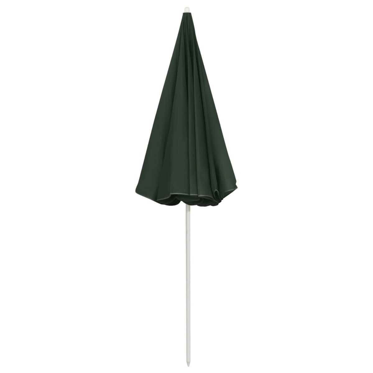 Un ombrellone verde scuro con palo bianco, su sfondo bianco.