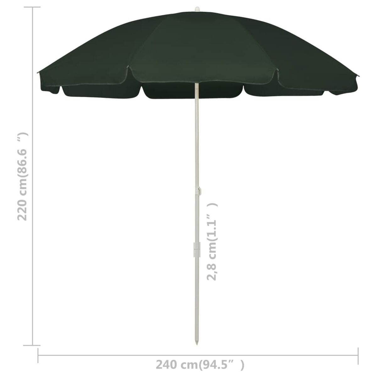 Ombrellone verde con misure di 220 cm di altezza e 240 cm di larghezza, su sfondo bianco.