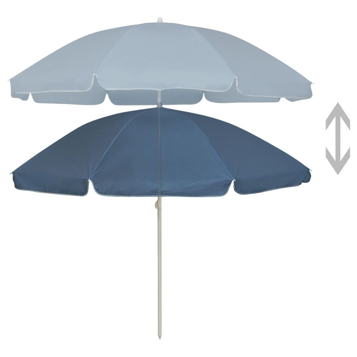 Un ombrellone blu e bianco. La parte superiore è azzurra e la parte inferiore è blu scuro.