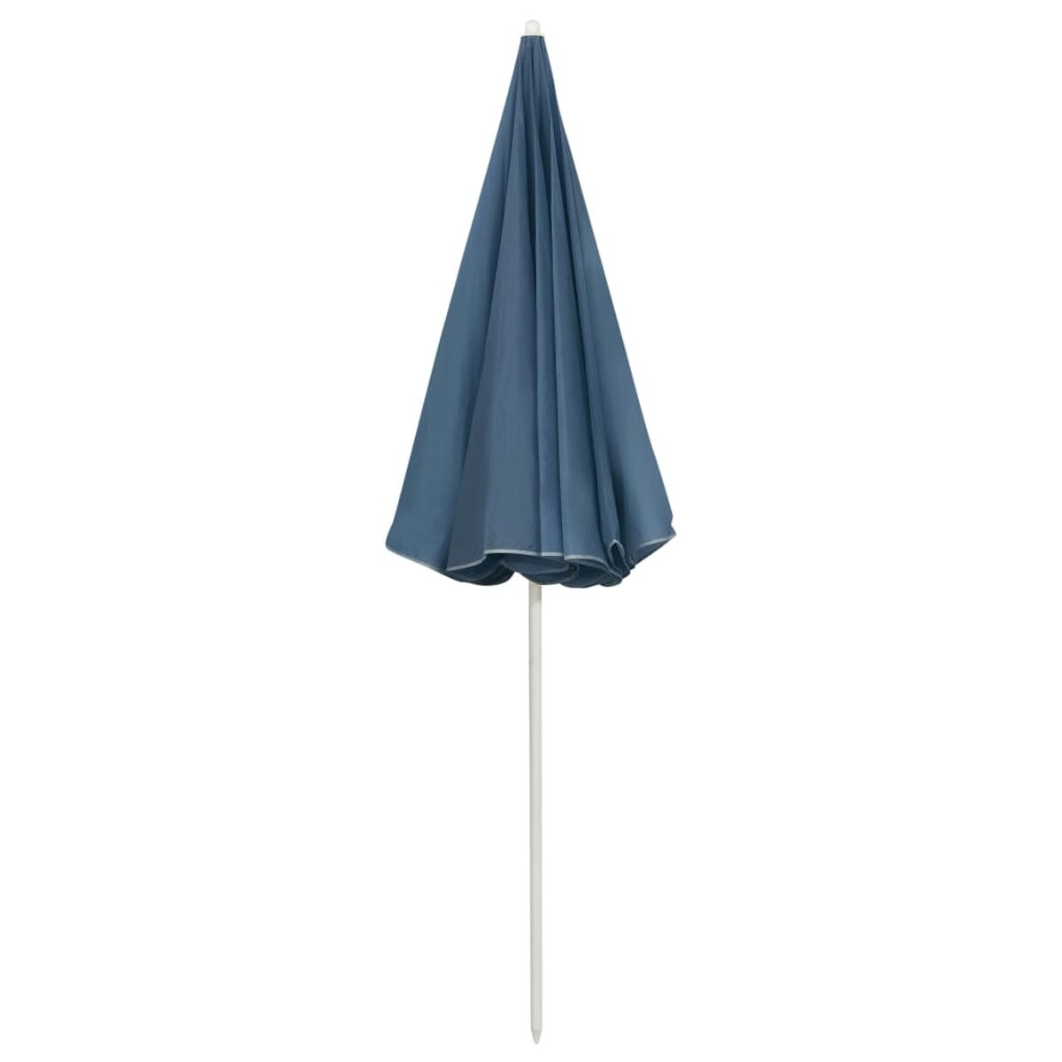 Un ombrellone blu con un palo bianco, su sfondo bianco.
