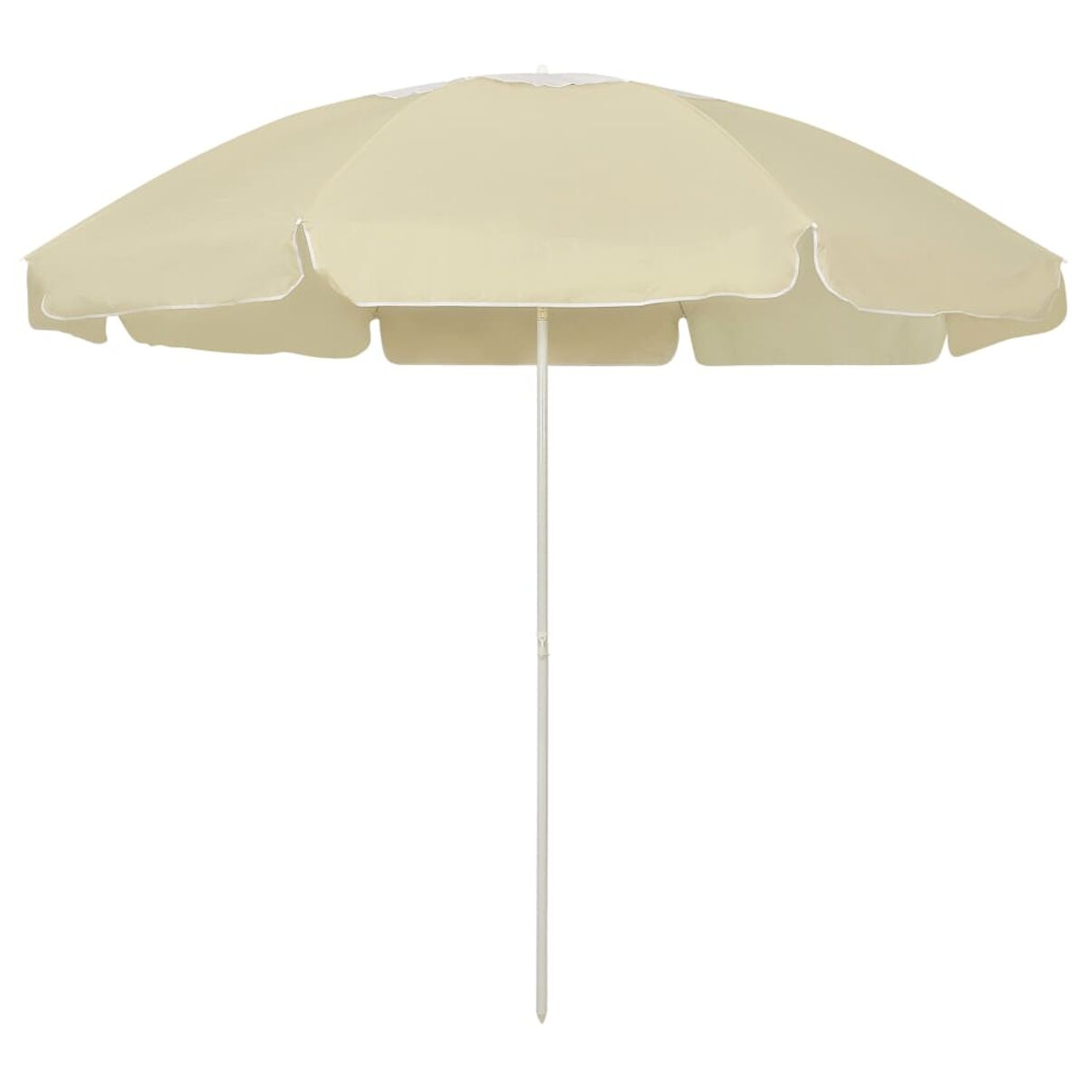 Un ombrellone beige con un palo bianco. L'ombrello ha un design semplice ed è aperto.