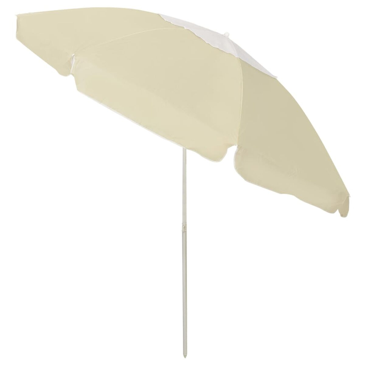 Ombrellone beige, finiture e palo bianchi. Vista angolata su sfondo bianco.